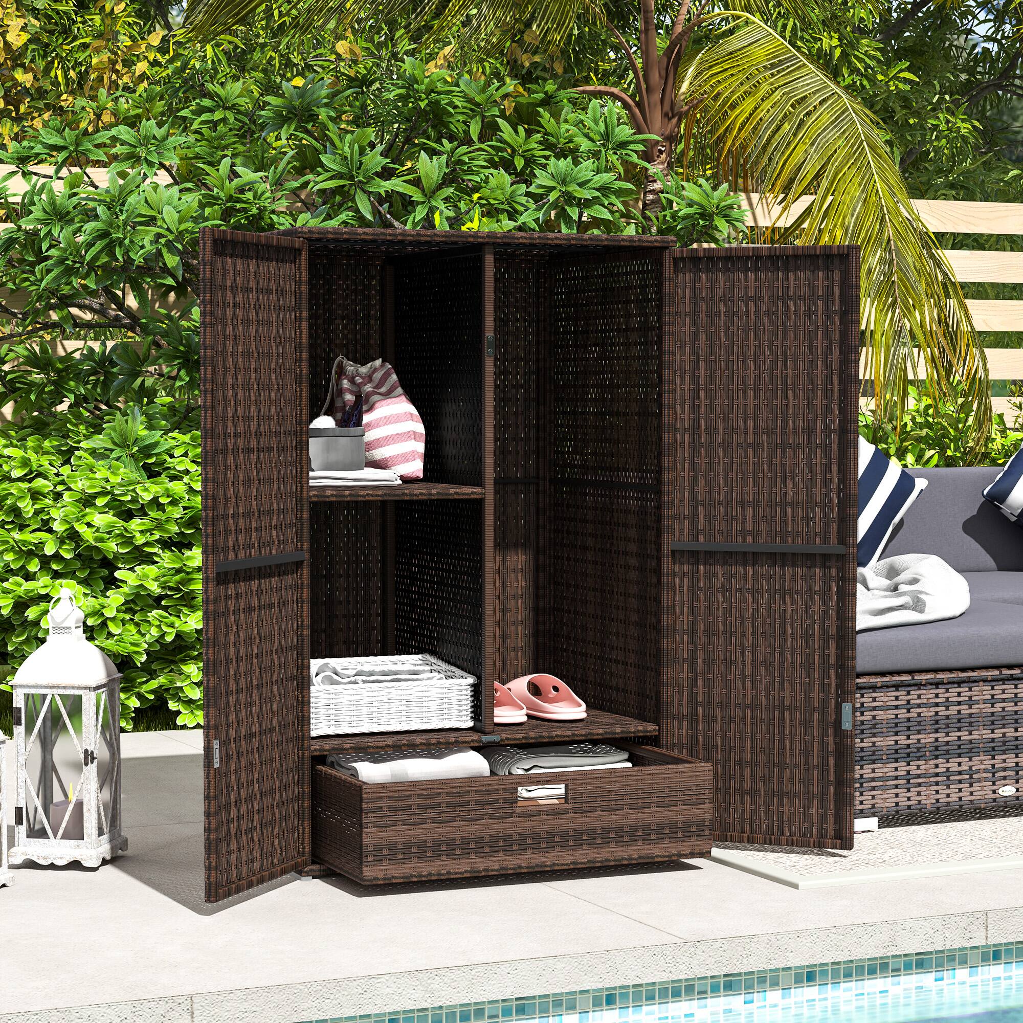 Alt View 1. Outsunny - Wicker Outdoor Storage Cabinet with Shelves, 2-Door Rattan Pool Towel Storage Cabinet with Removable Shelf & Drawer - Brown.