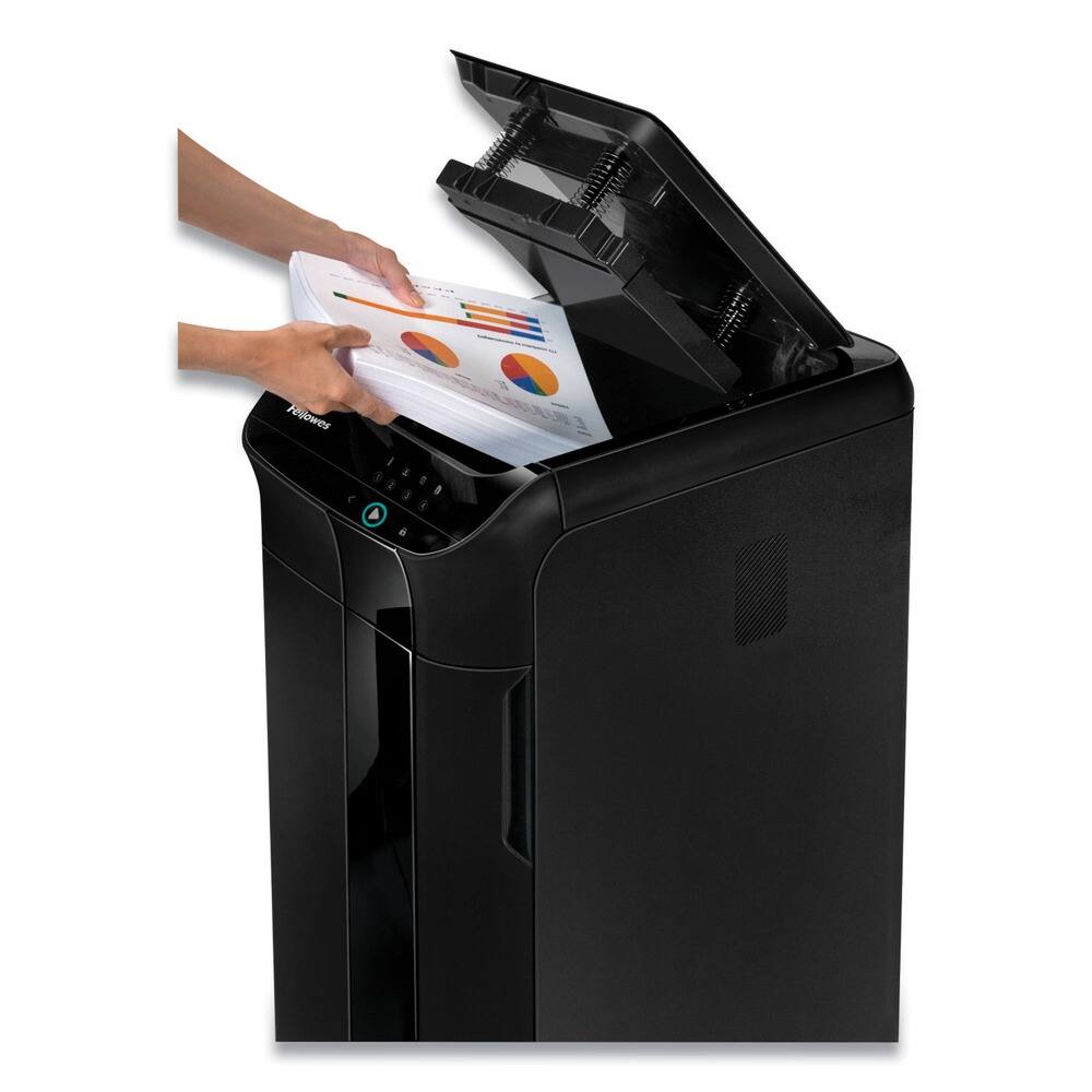Left. Fellowes - 4964001 AutoMax 350C 350 Auto/12 Manual Sheet Capacity Auto Feed Cross-Cut Shredder - Black.
