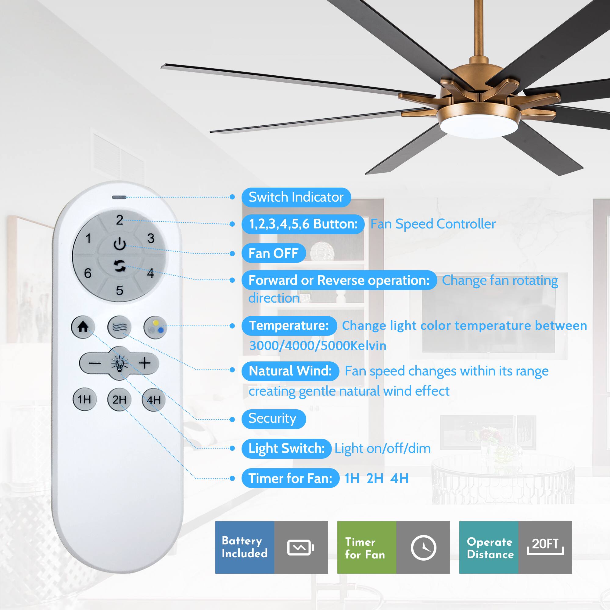 - Switch Indicator
- 1,2,3,4,5,6 Button: Fan Speed Controller
- Fan OFF
- Forward or Reverse operation: Change fan rotating direction
- Temperature: Change light color temperature between 3000/4000/5000Kelvin
- Natural Wind: Fan speed changes within its range creating gentle natural wind effect
- Security Light Switch: Light on/off/dim
- Timer for Fan: 1H 2H 4H
- Battery Included
- Timer for Fan Operate 20FT Distance