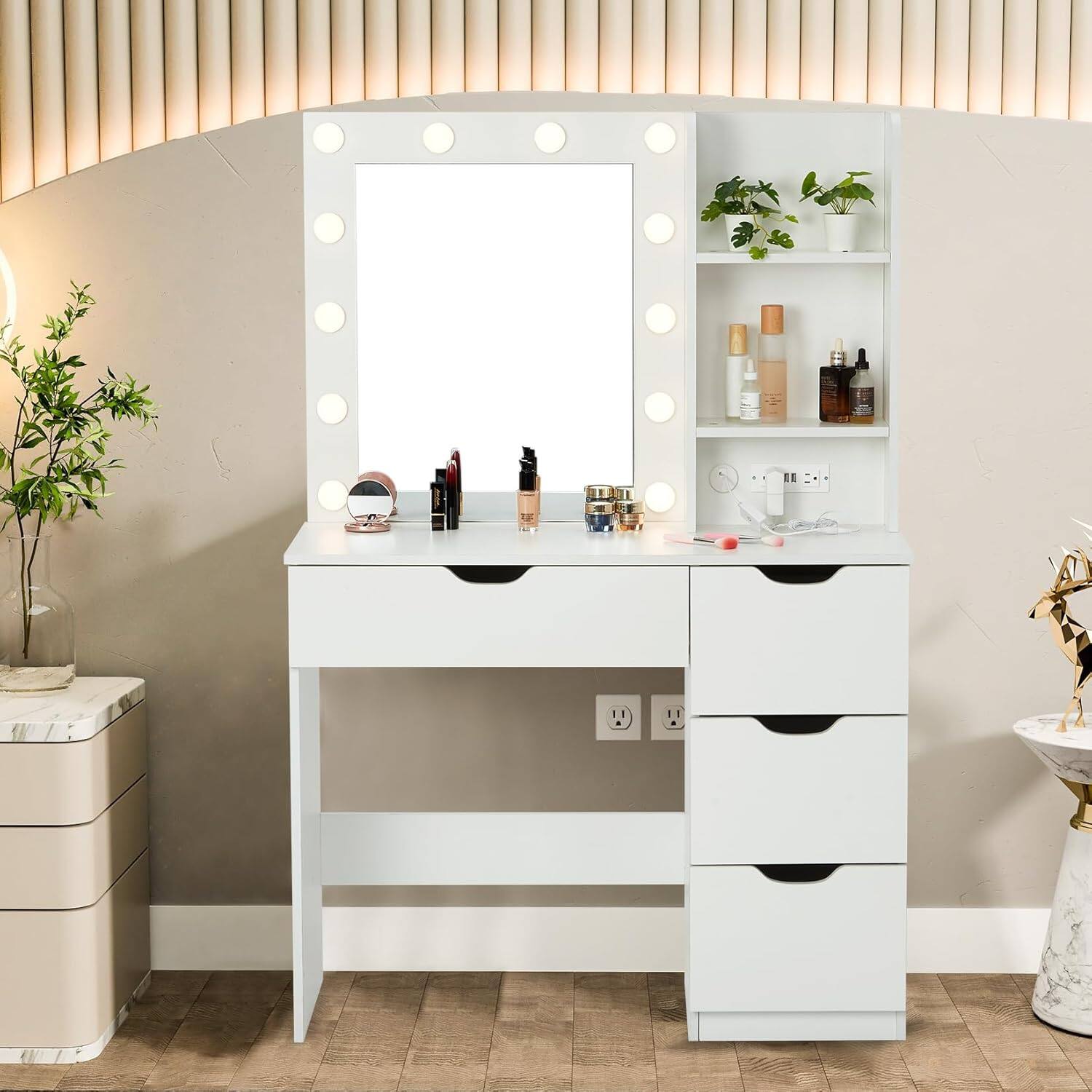 Alt View 5. GARVEE - Makeup Vanity with Mirror,12 LED Lights with 3 Adjustable Lighting Modes and Brightness Levels, Built-in Power Outlet - White.