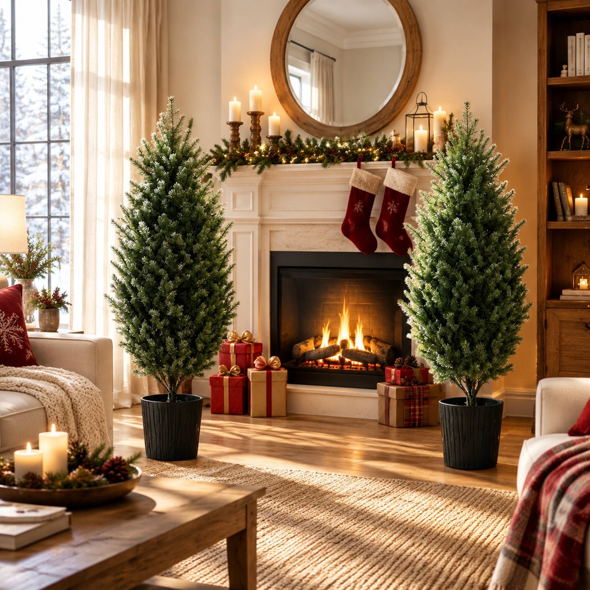 Angle. RYHNUYNE - 4FT Artificial Cedar Christmas Tree Set of 2 With 291 PE Tips and Potted Base, UV Resistant - Green.