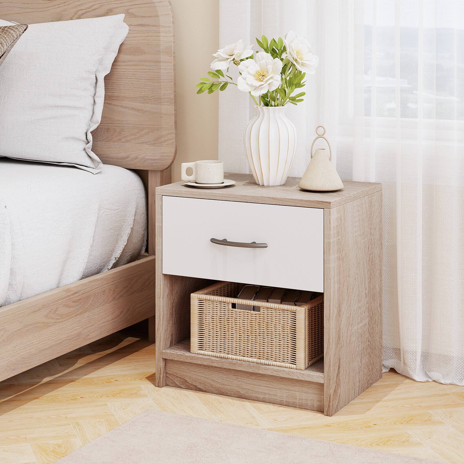 Alt View 5. Gymax - Gymax 2 PCS Nightstand w/ Drawer Side Table w/ Slide-out Drawer Open Storage Shelf Natural & White - Natural, White.