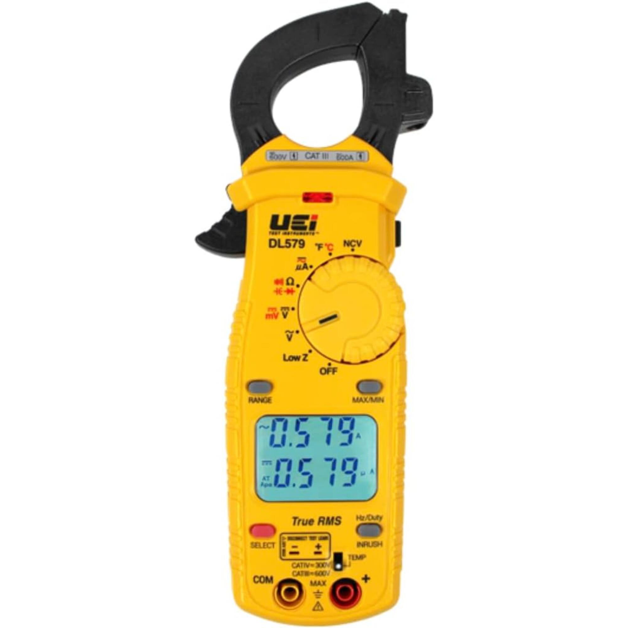 CAT III 600V
CAT IV 300V
CAT V 600V
UEi
DL579
Low Z
OFF
RANGE MAX/MIN
0.5 19 A 0.5 79
True RMS Hz/Duty
SELECT CATIV=300V CATV=600V COM MAX
INRUSH TEMP