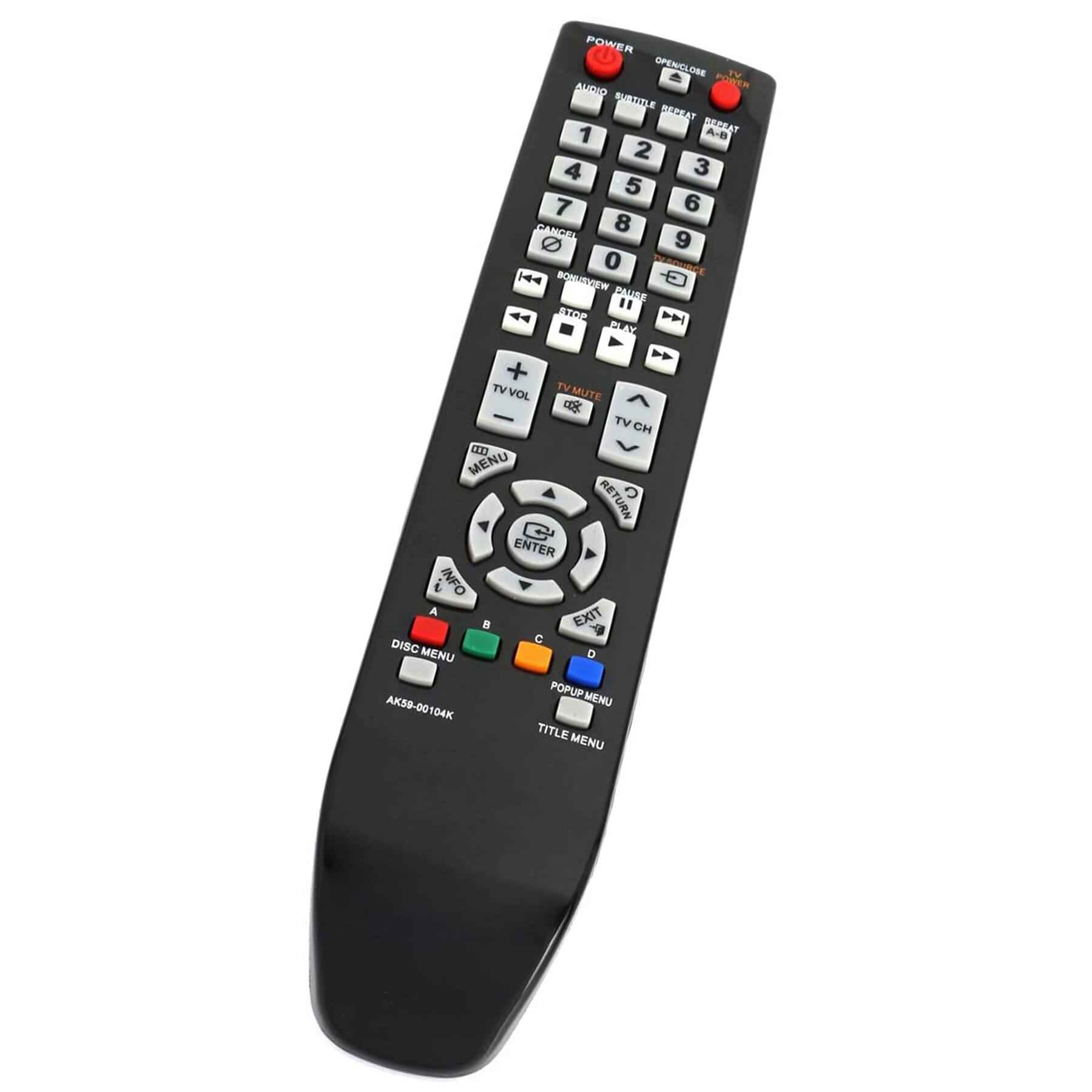 POWER  
OPENCLOSE  
AUDIO SUBTITLE SECRET DIGICAT  
1 2 3 4 5 6 7 8 9 0  
CANCEL  
BONUSEVIEW PAUSE  
STOP PLAY  
TV MUTE  
TV CH  
MENU RETURN ENTER  
INFO A EXIT  
DISC MENU  
A B C D  
POPUP MENU  
TITLE MENU  
AK59-00104K