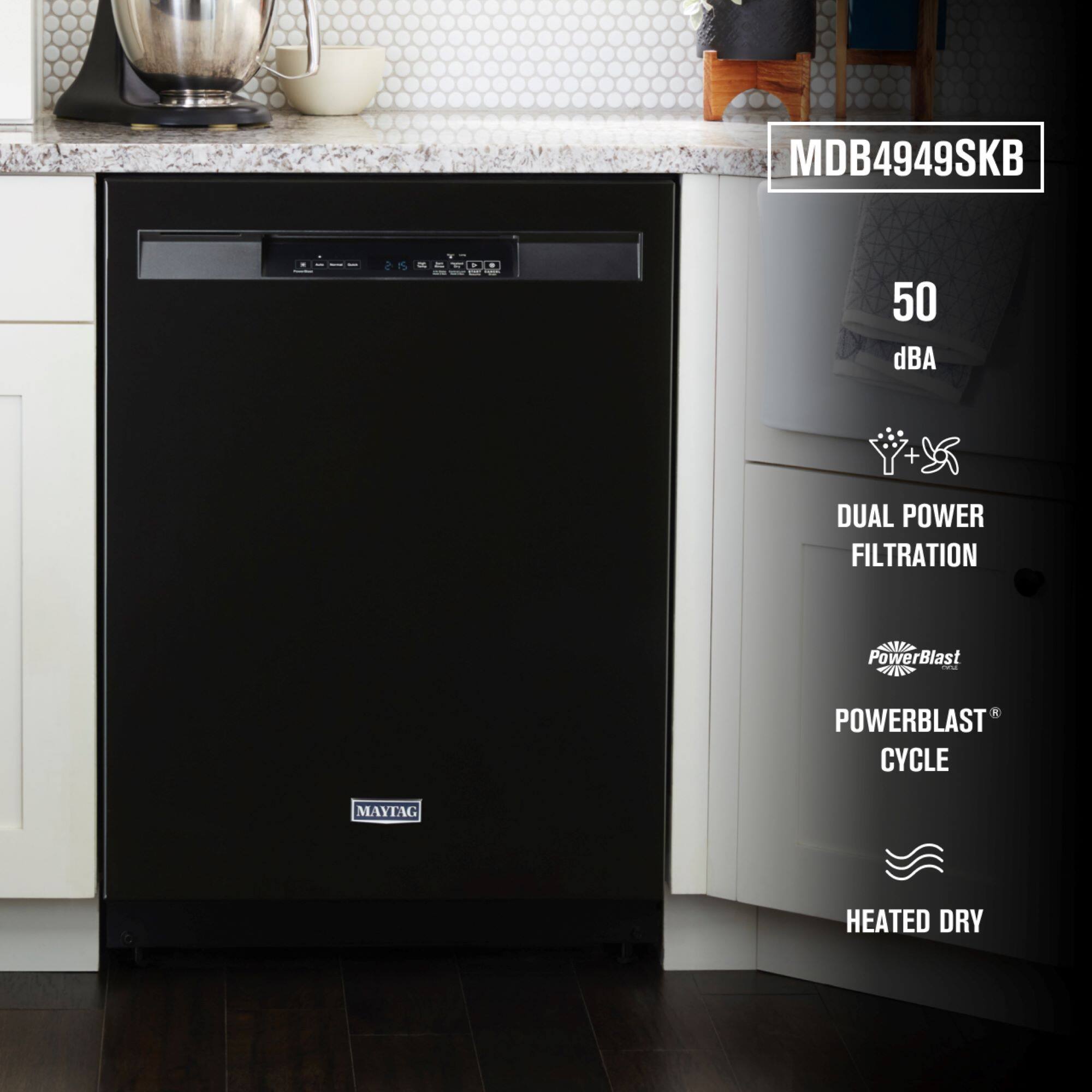 The text on the image is grouped as follows:

1. MDB4949SKB
2. 50 dBA
3. DUAL POWER FILTRATION
4. PowerBlast
5. POWERBLAST CYCLE
6. MAYTAG
7. HEATED DRY