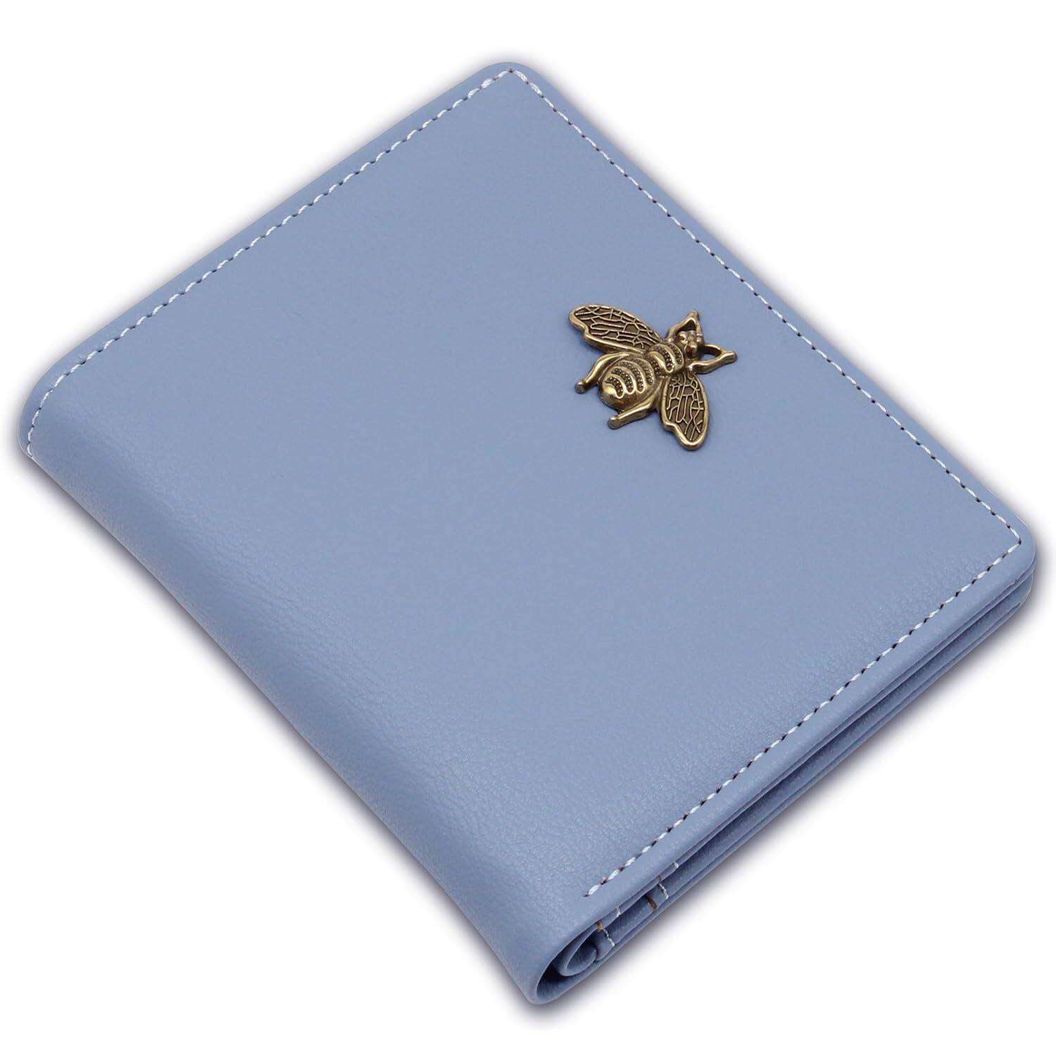 Front. Jadie Link - Small Women Wallet Rfid Blocking Bifold Pocket Slim Compact Ladies Purse Mini Wallets skull Material Soft smooth leather - Blue.