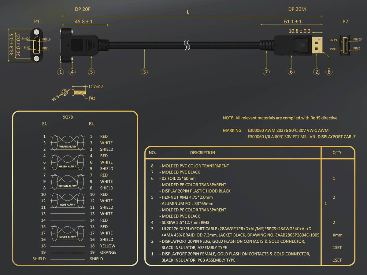 DP 20F DP 20M  
33.8±0.5 26.0±0.5  
P1 PIN20 PIN19 PIN2 PIN1  
45.8±1 61.1±1 10.8±0.3  
1 4 5 3 7 6 2 8  
12.7±0.3 #5.5 M3  
P1 10 12 11 13 14 15 17 16 18 19  
SHIELD  
9Q78  
P1 P2  
1 RED  
2 WHITE SHIELD  
3 PURPLE AL/MY  
4 GREEN AL/MY  
5 BROWN AL/MY  
6 BLUE AL/MY  
7 SILVER AL/MY  
8 YELLOW  
9 ORANGE  
10 RED  
11 WHITE  
12 RED  
13 WHITE  
14 RED  
15 RED  
16 WHITE  
17 WHITE  
18 YELLOW  
19 ORANGE  
SHIELD  
NOTE: All relevant materials are compiled with RoHS directive.  
MARKING: E30006