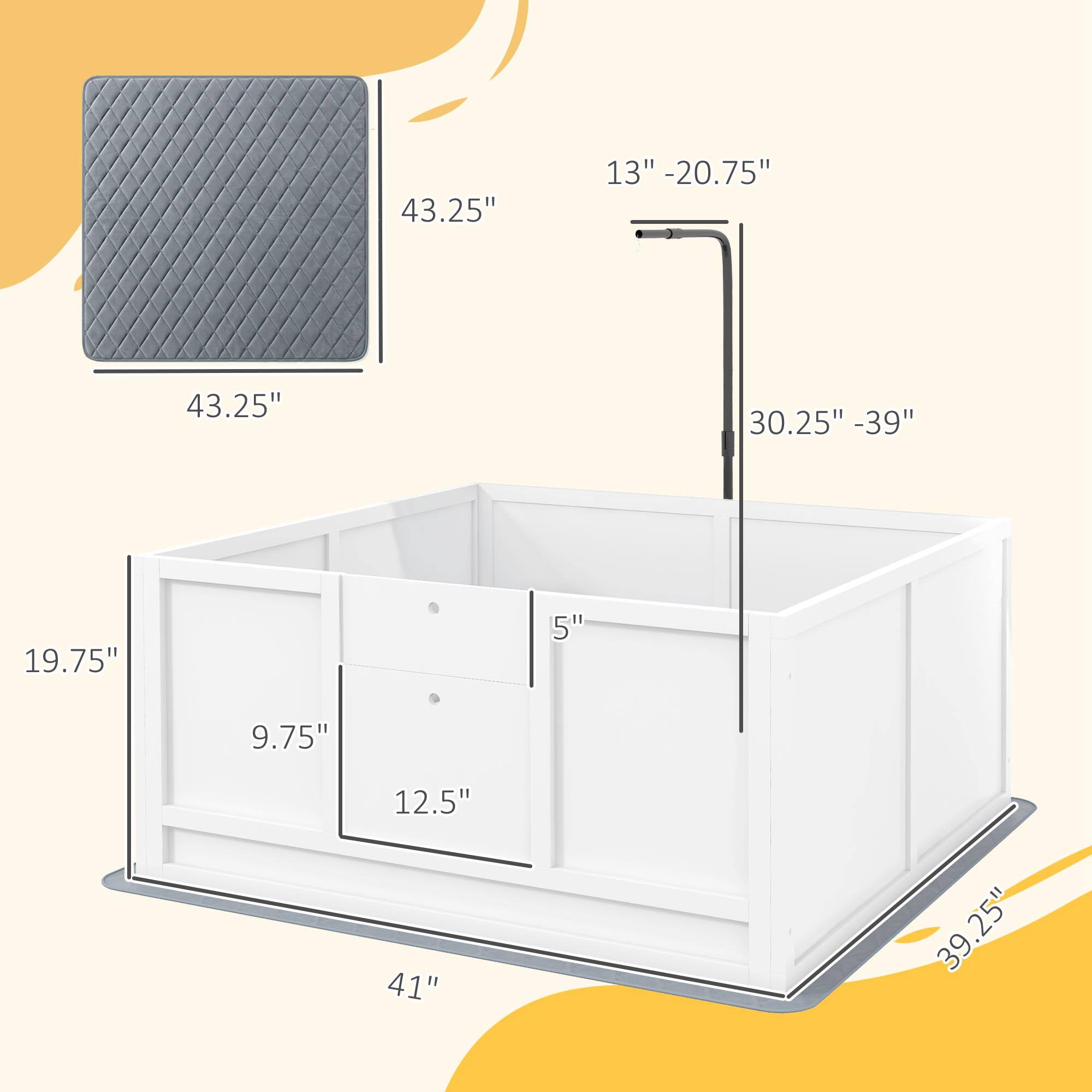 43.25" x 43.25"  
13" - 20.75"  
30.25" - 39"  
19.75"  
9.75" x 12.5"  
5"  
41"  
39.25"