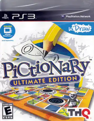 PS3
PlayStation.Network
uDraw
REQUIRES uDraw GAME TABLET™
Sold Separately
PiCtiONaRY™
ULTIMATE EDITION
EVERYONE
CONTENT RATED BY ESRB
THQ - E (Everyone)