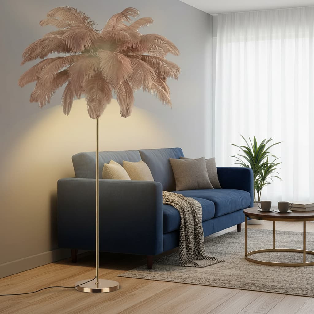 Alt View 4. FINEAK - Rose Gold Feather Floor Lamp:Modern Funky Arc Tall Standing Lamp,Bright LED Bulbs Included(Brown) - Brown.