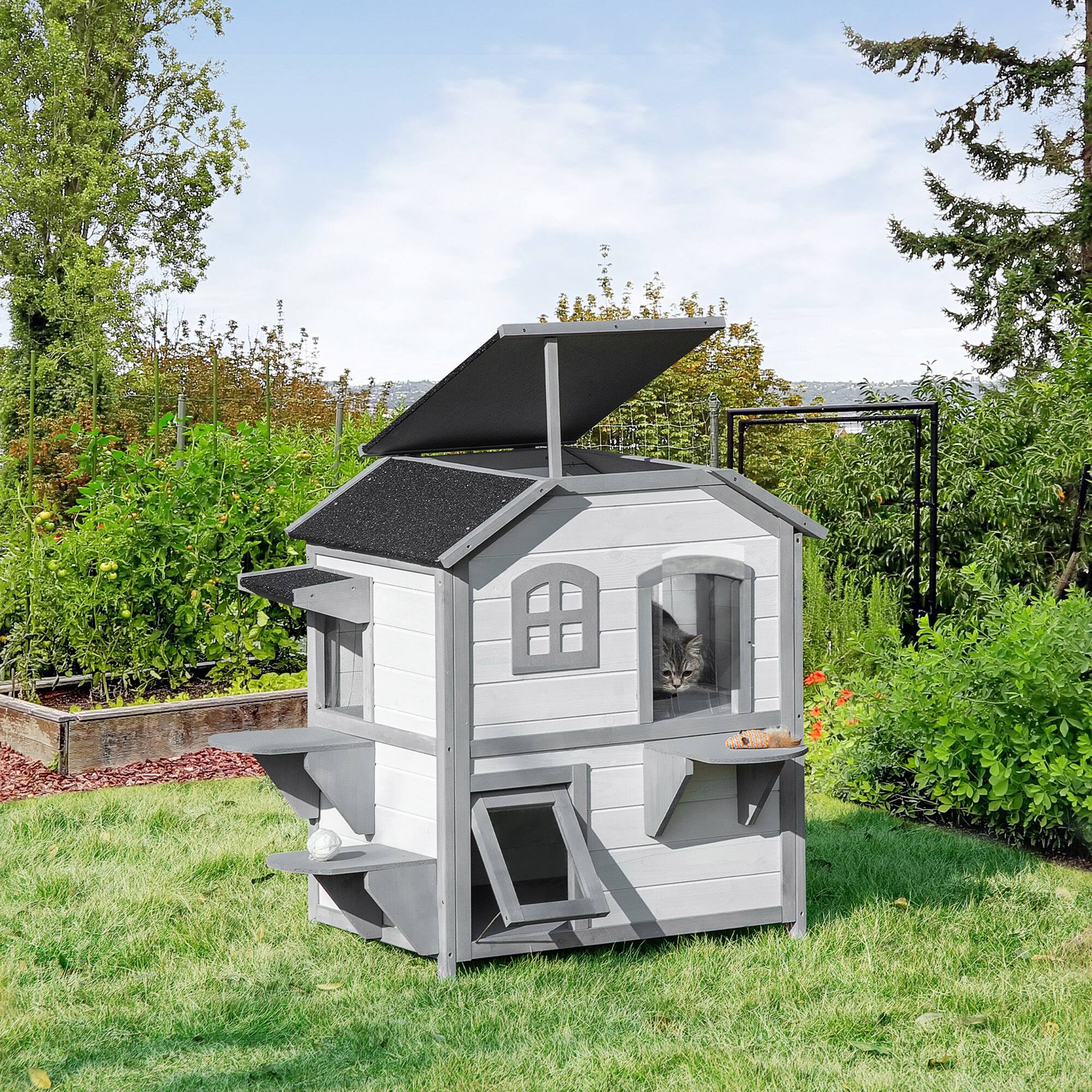 Alt View 4. Siljoy - 2‑Story Cat House with Asphalt Roof, Escape Door & Openable Top, Outdoor Catio for 1‑2 Cats.