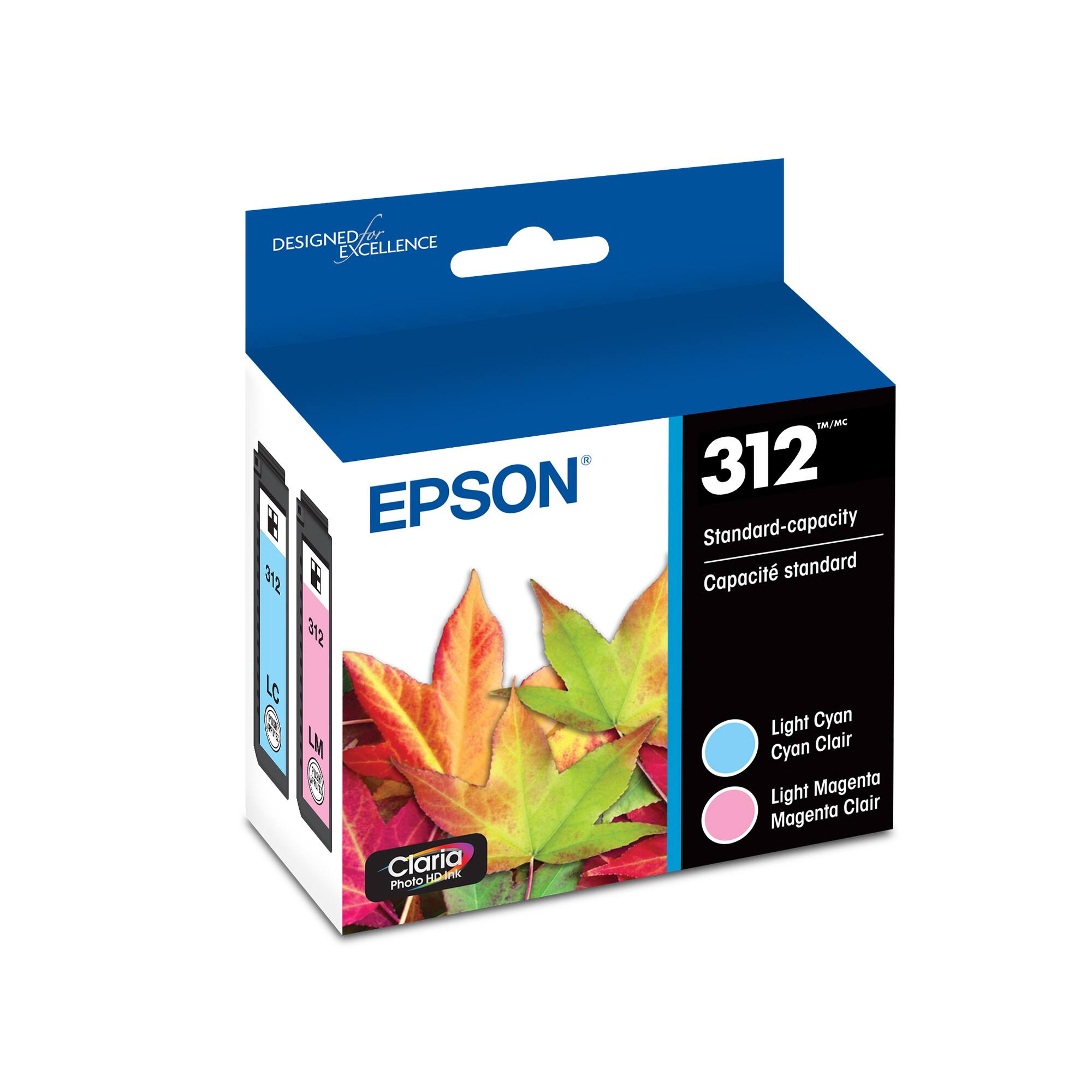 DESIGNED FOR EXCELLENCE

EPSON

312  
Standard-capacity  
Capacité standard

Light Cyan  
Cyan Clair

Light Magenta  
Magenta Clair

Claria  
Photo HD Ink