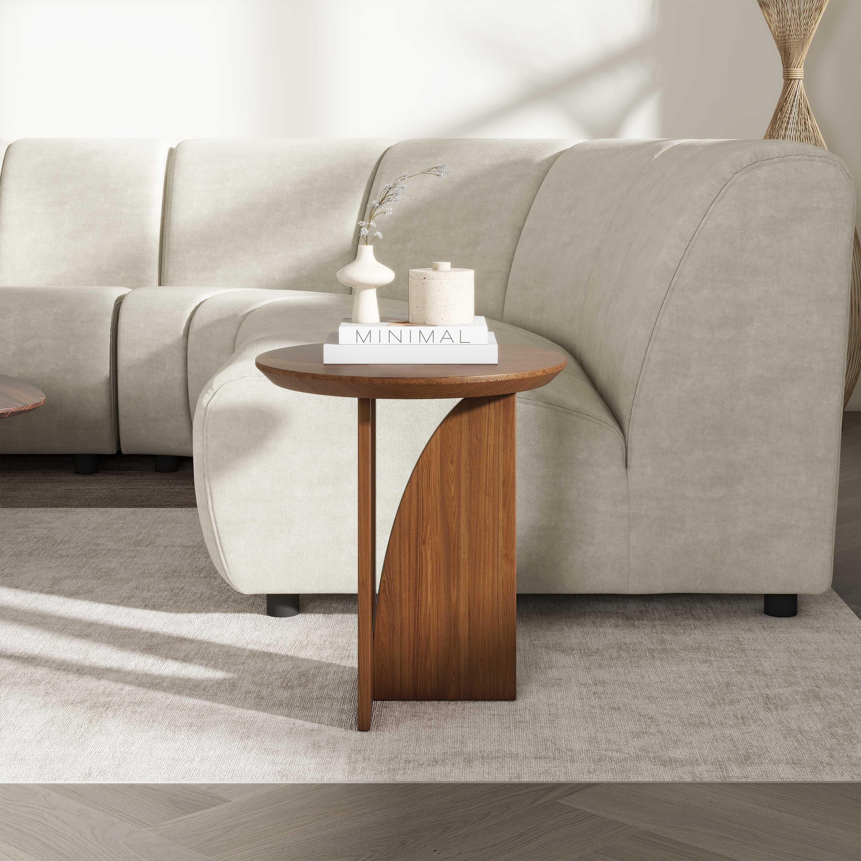 Angle. POVISON - 19.69" Mid-century Modern Round Side Table, Minimalist End Table, Walnut Color - Walnut Color.