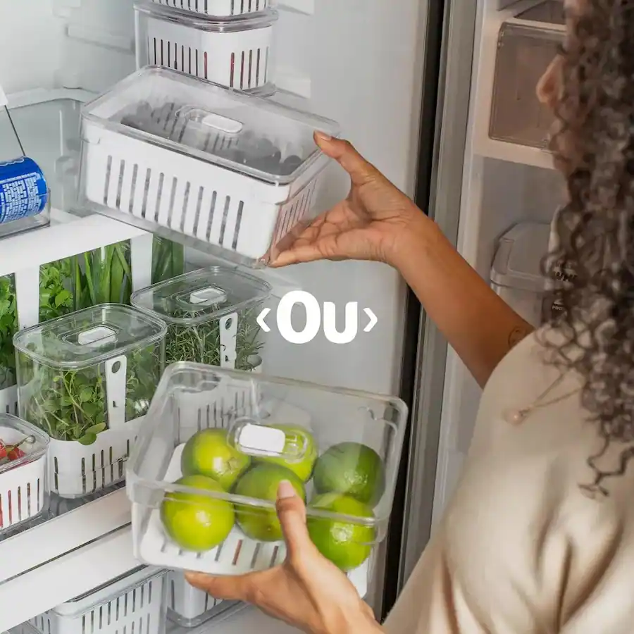 OU Fridge Organizer Bin with Drain Tray & Vented Lid, 2.3qt Stackable ...