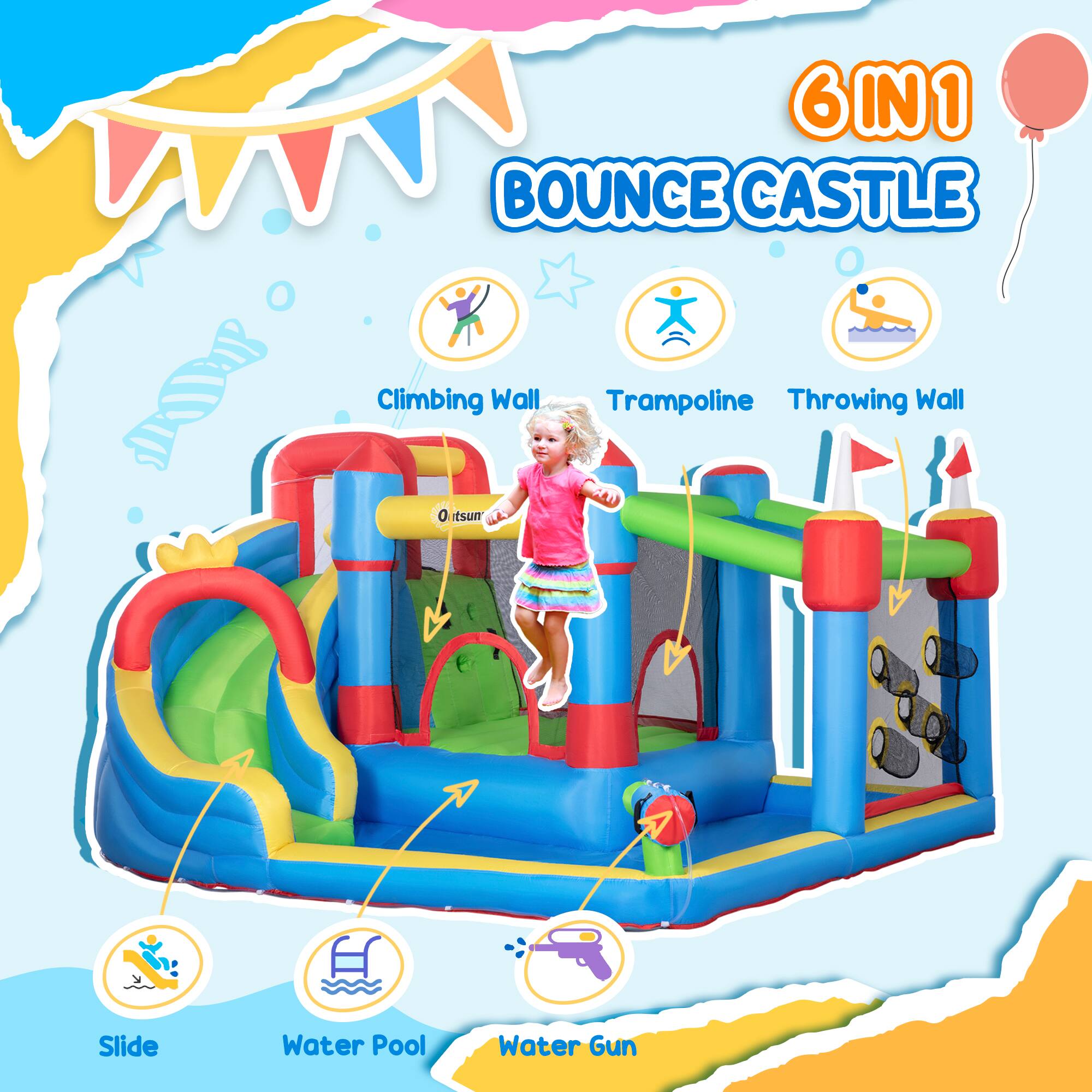 6IN1 BOUNCE CASTLE

- Climbing Wall
- Trampoline
- Throwing Wall
- Slide
- Water Pool
- Water Gun