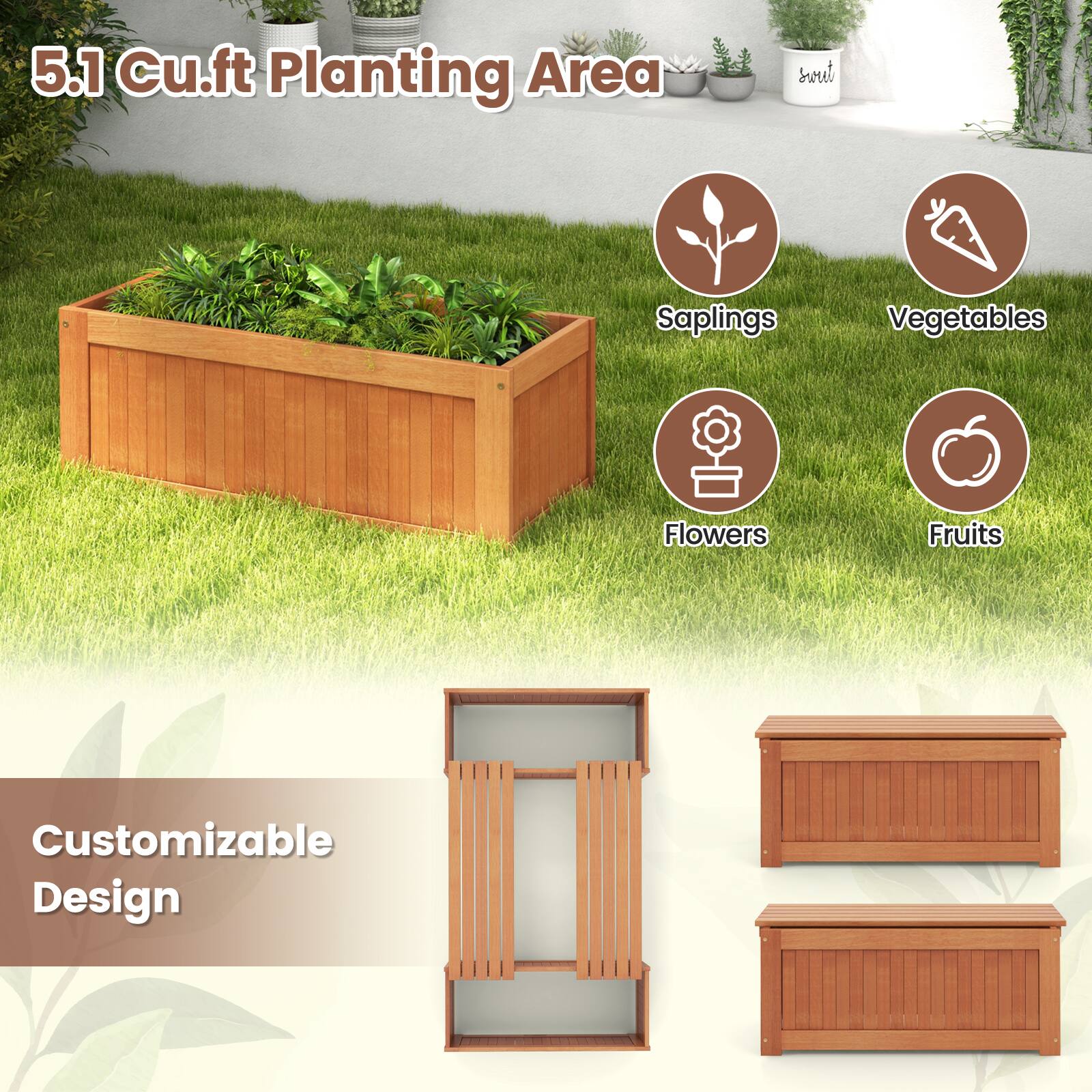5.1 Cu.ft Planting Area

- Saplings
- Vegetables
- Flowers
- Fruits

Customizable Design