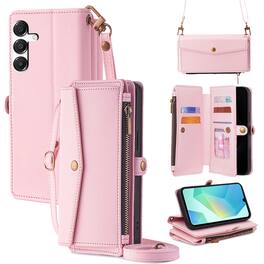 Dteck - Crossbody Wallet Case for Samsung Galaxy A16 5G with Zipper Purse, Shockproof Protective Cover with Kickstand - Pink