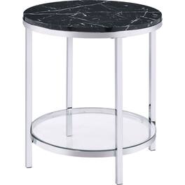 Manhattan Lane - End Table with Round Faux Marble Top and Glass Shelf - Black