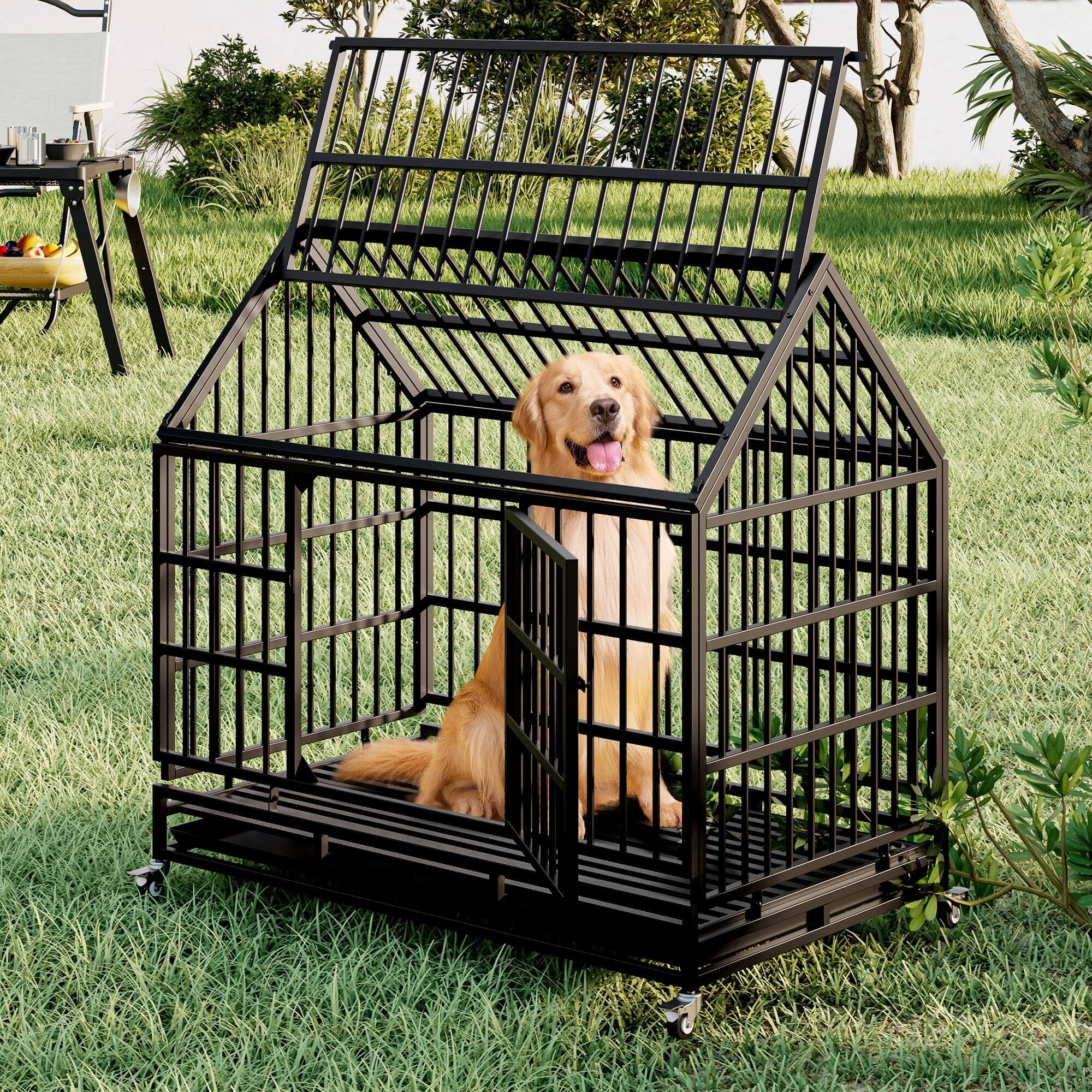 Back. Pefilos - 48" Heavy Duty Dog Cage with Wheels, Folding Metal Kennel and Crate for Medium and Large Dogs.