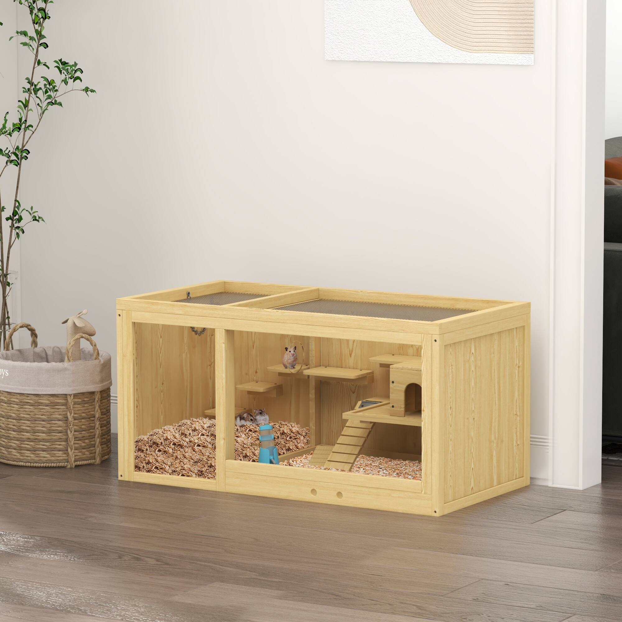 Alt View 1. Pawhut - Large Wooden Hamster Cage with Pull-out Tray.