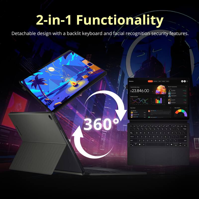 2-in-1 Functionality  
Detachable design with a backlit keyboard and facial recognition security features.  

$23,846.00  

360°