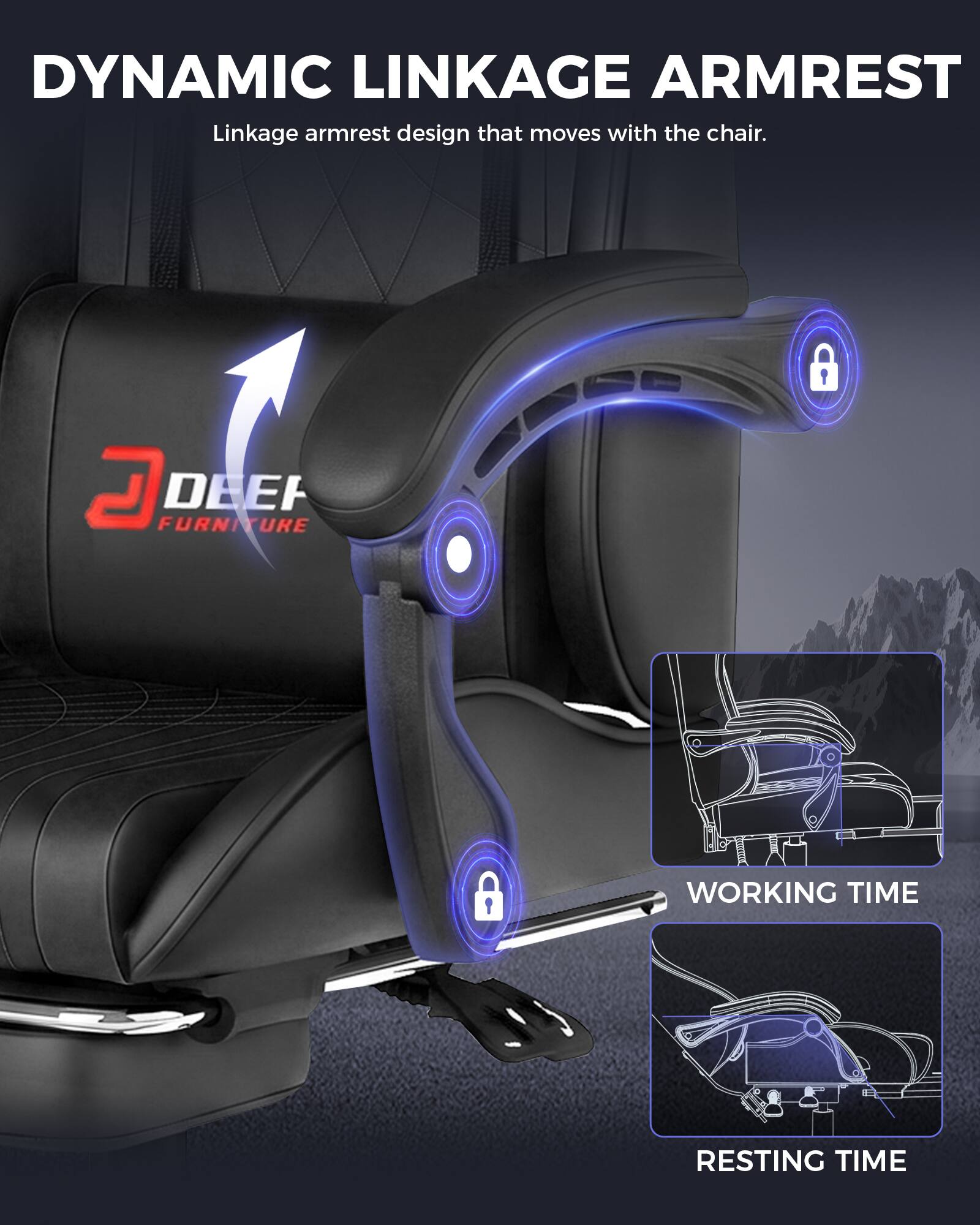 DYNAMIC LINKAGE ARMREST  
Linkage armrest design that moves with the chair.  

I  
D FURNITURE DEEF  

WORKING TIME  
RESTING TIME