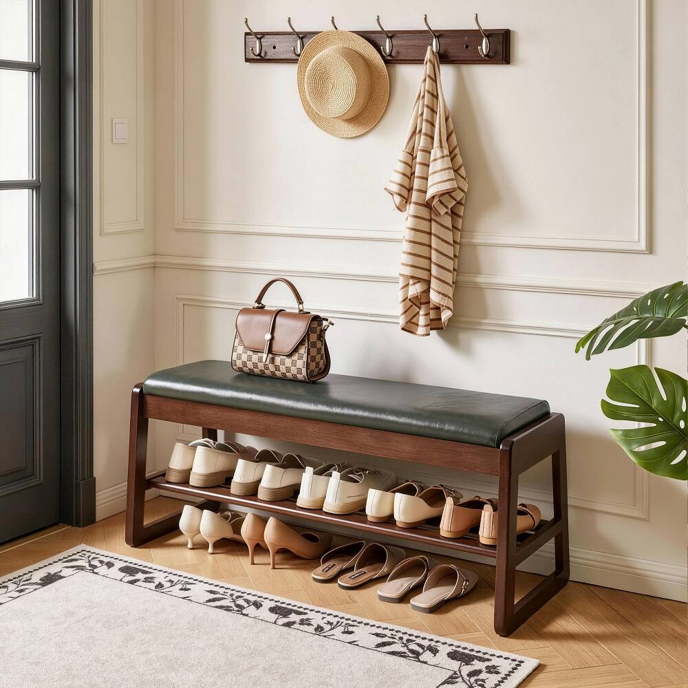 Left. Loheer - Loheer Wood Shoe Storage Bench with Vegan Leather Seat, 39.37 Inch Sturdy Shoe Rack Bench - Green and Brown.