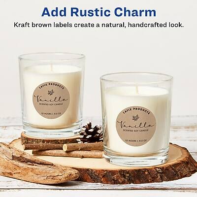 Add Rustic Charm  
Kraft brown labels create a natural, handcrafted look.

LAFIX PRODUCTS  
Vanilla  
Scented Soy Candle  
10 Hours | 8 oz

LAFIX PRODUCTS  
Vanilla  
Scented Soy Candle  
10 Hours | 8 oz