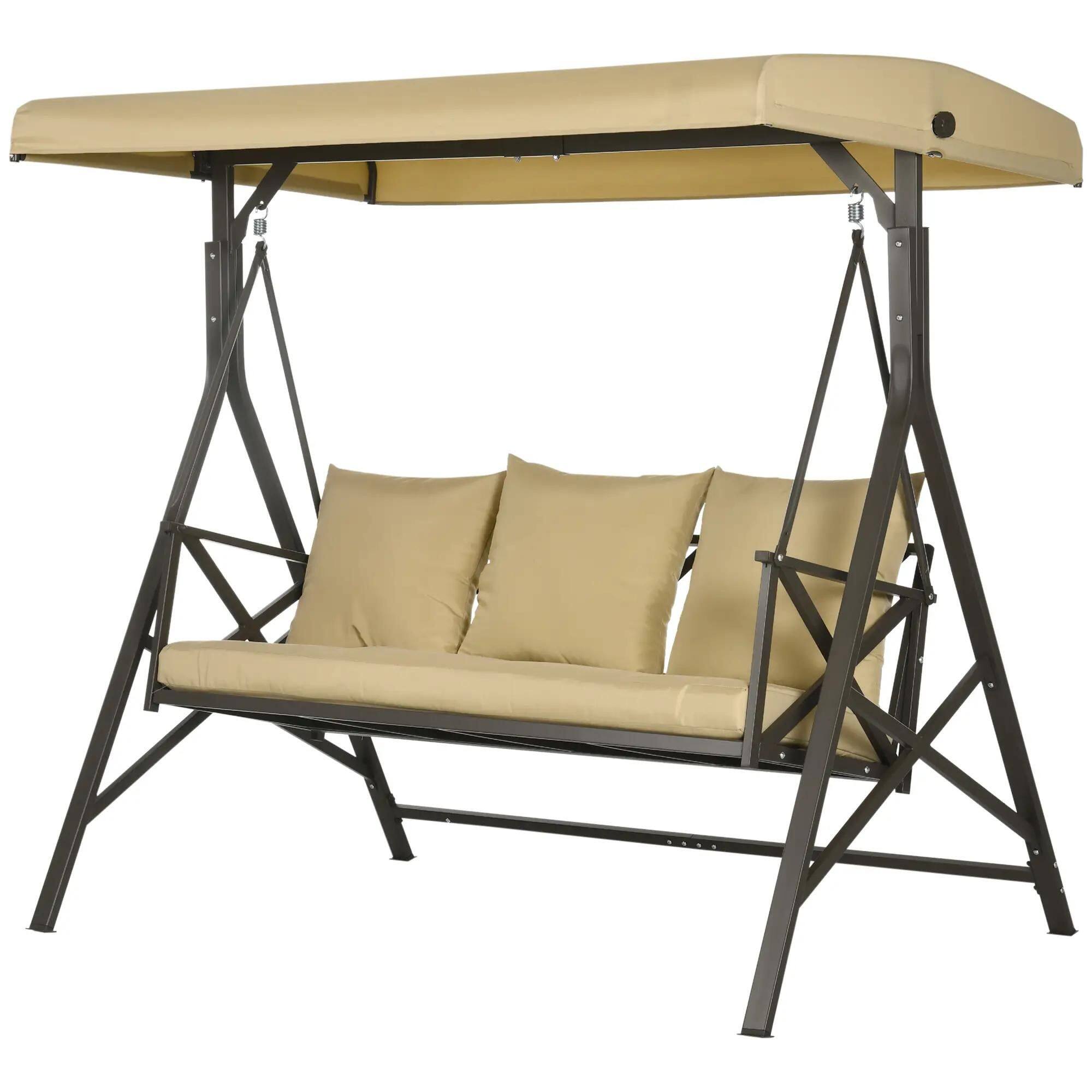 Angle. Resenkos - Resenkos 3-Seat Swing Chair, Cozy Porch Glider With Cushions, 3 Pillow Set, Sunshade Canopy, Khaki.