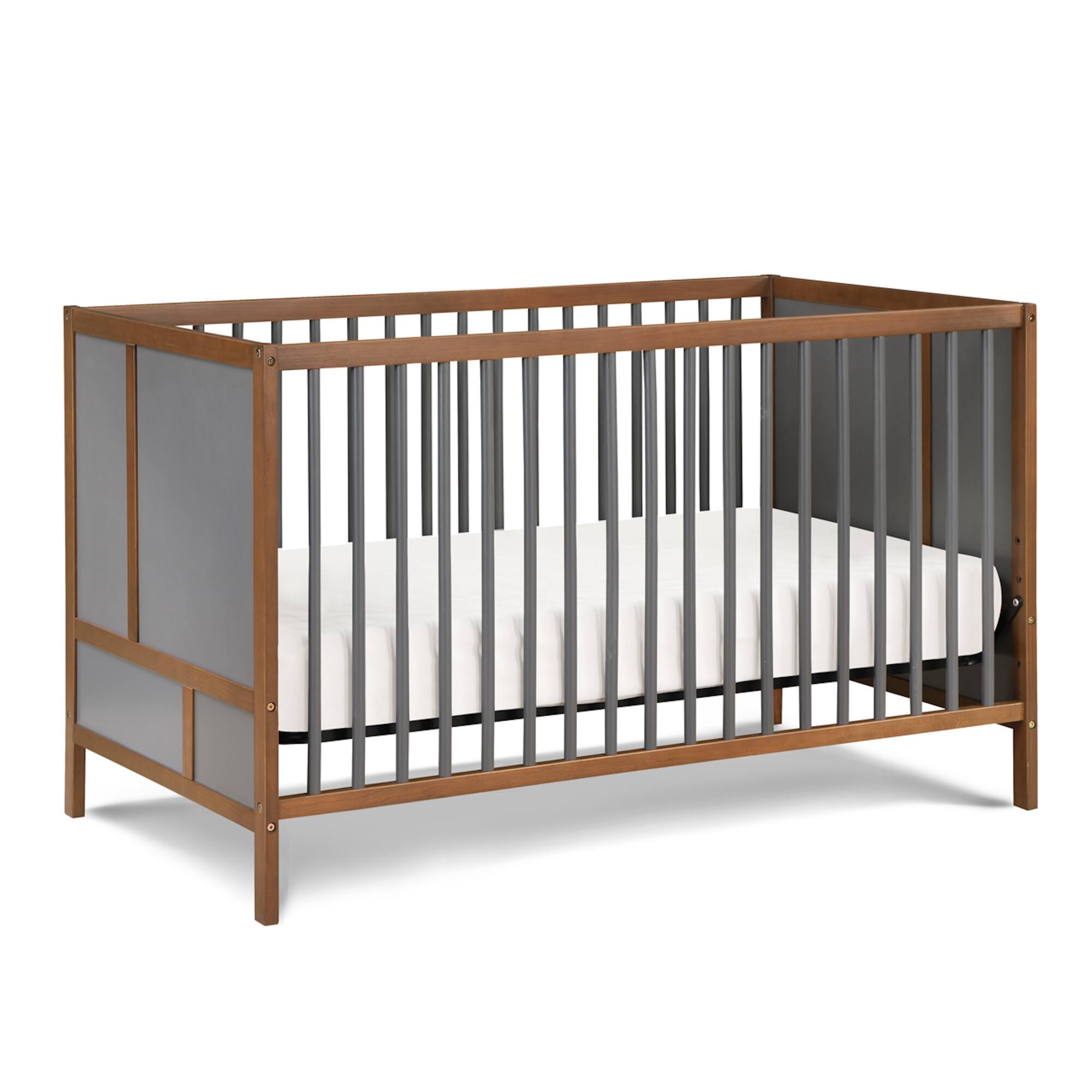 Left. GOODSILO - Modern 3-in-1 Convertible Wooden Crib with Adjustable Mattress Heights for Nursery Bedroom - Walnut Brown.