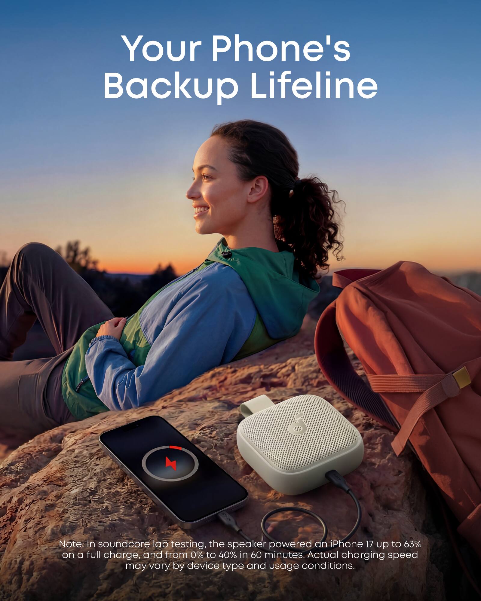 Your Phone's Backup Lifeline

Note: In soundcore lab testing, the speaker powered an iPhone 17 up to 63% on a full charge, and from 0% to 40% in 60 minutes. Actual charging speed may vary by device type and usage conditions.