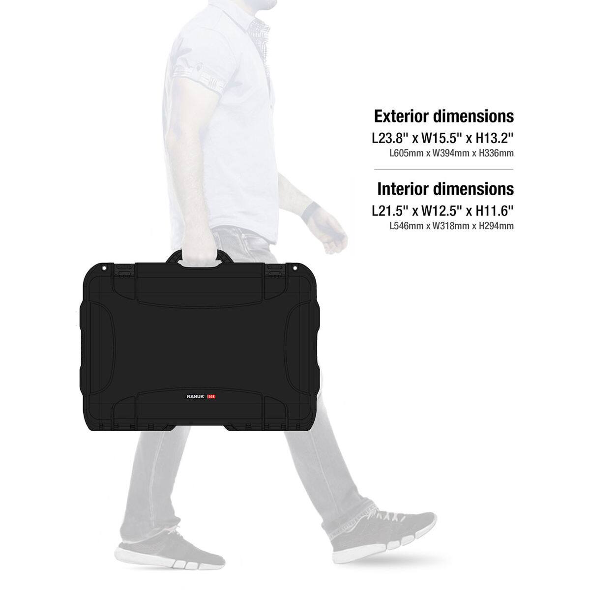 Exterior dimensions: L23.8" x W15.5" x H13.2" (L605mm x W394mm x H336mm)  
Interior dimensions: L21.5" x W12.5" x H11.6" (L546mm x W318mm x H294mm)