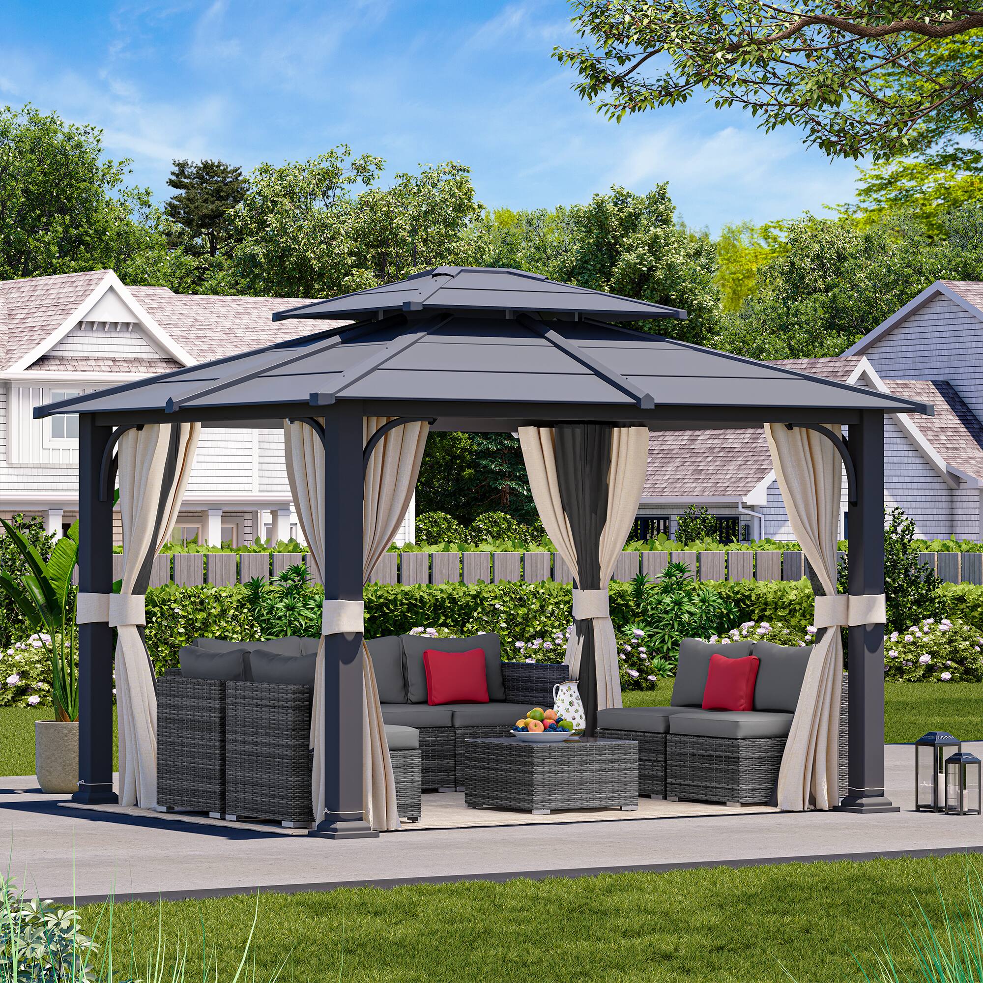 Left. U-HOMY - Anti-Rust Iron Hardtop Gazebo | All-Weather Enclosed Sun Shelter - 10' x 12'.