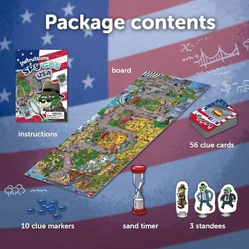 Package contents

- Instructions
- Board
- 56 clue cards
- 10 clue markers
- Sand timer
- 3 standees