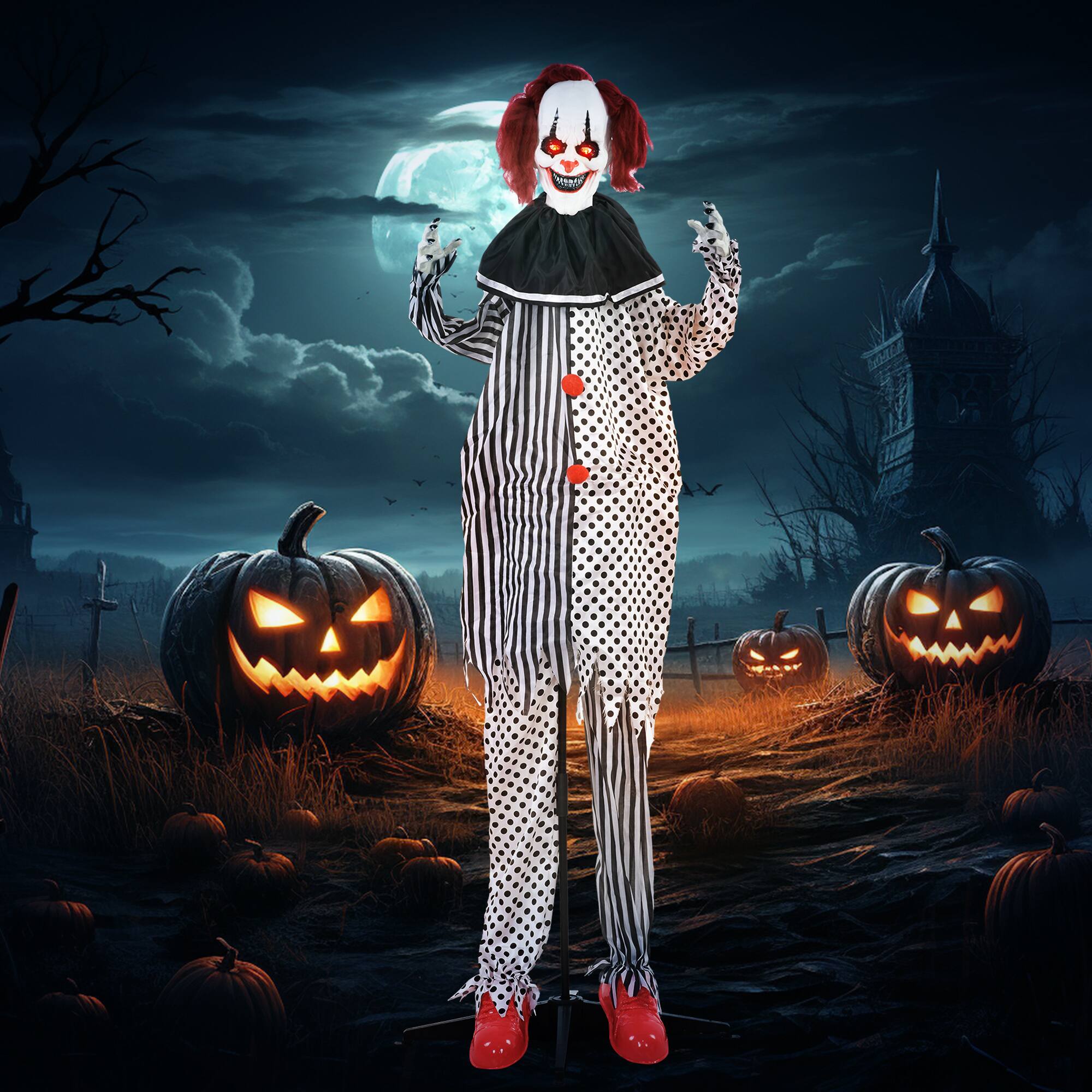 Alt View 7. Homcom - 6' Outdoor Halloween Decoration, Animatronic Circus Clown, Animated Prop with Light Up Eyes, Talking and Laughter - White, Black and Red.
