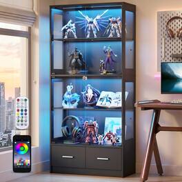 Skyzoo - Curio Display Cabinet, App-Controlled LED Lighted Showcase, Freestanding Display Case for Collectibles - Black