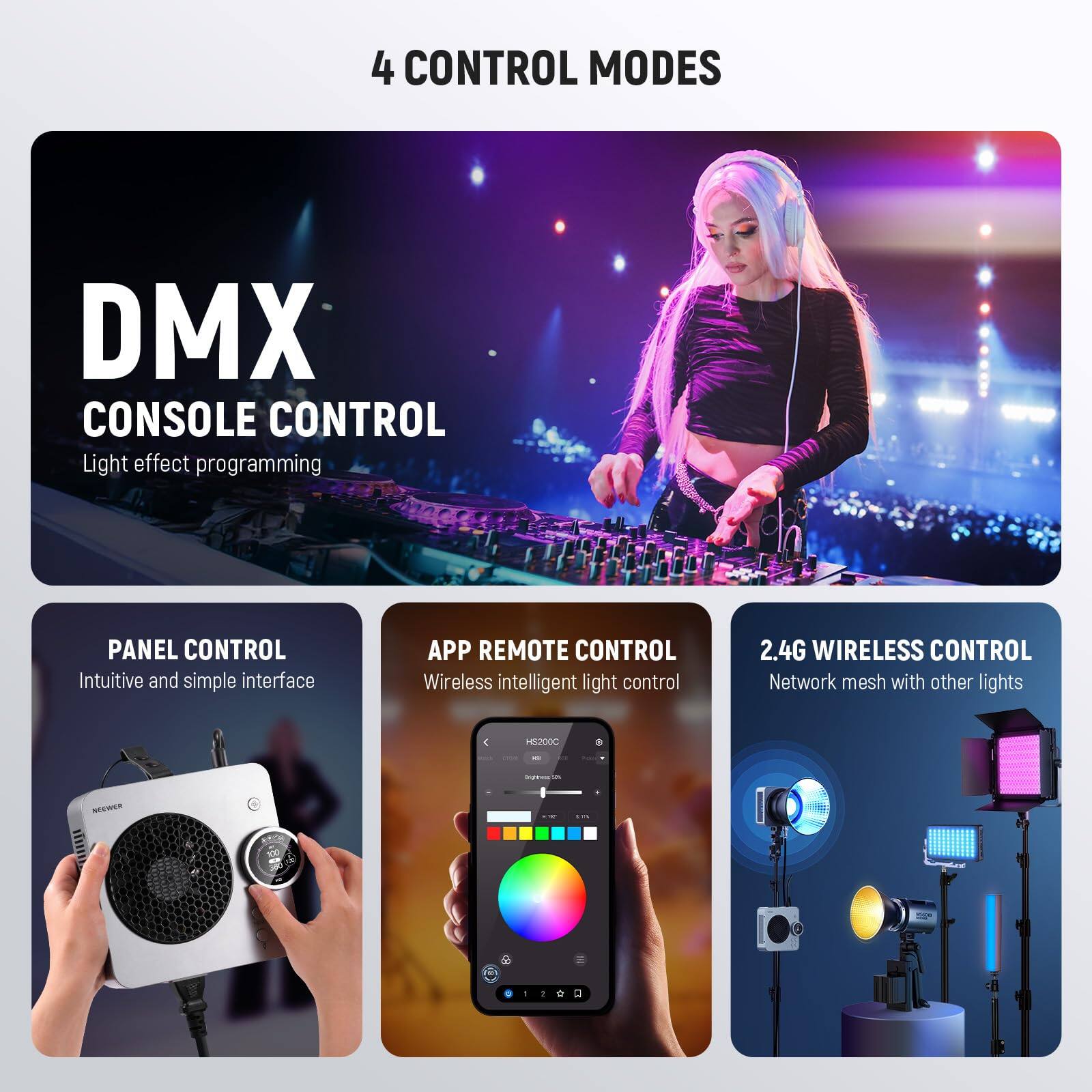 4 CONTROL MODES

DMX CONSOLE CONTROL  
Light effect programming

PANEL CONTROL  
Intuitive and simple interface

APP REMOTE CONTROL  
Wireless intelligent light control

2.4G WIRELESS CONTROL  
Network mesh with other lights
