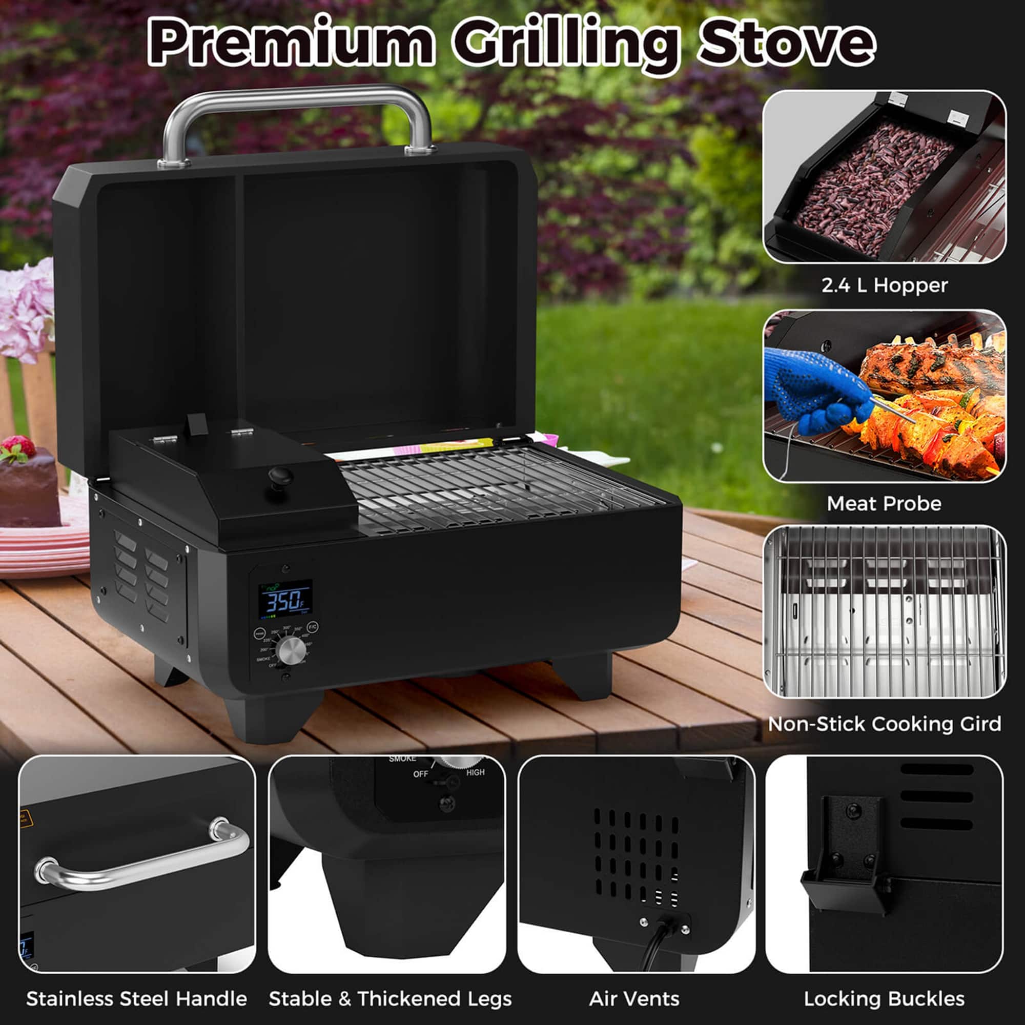 Premium Grilling Stove with 2.4 L Hopper, Meat Probe, 350 Non-Stick Cooking Grill, Stainless Steel Handle, Stable & Thickened Legs, Air Vents, and Locking Buckles.