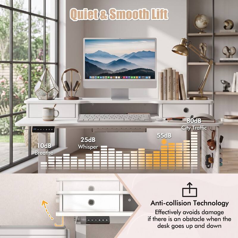 Quiet & Smooth Lift

10dB Breathe  
25dB Whisper  
55dB  
80dB City Traffic  

Anti-collision Technology  
Effectively avoids damage if there is an obstacle when the desk goes up and down