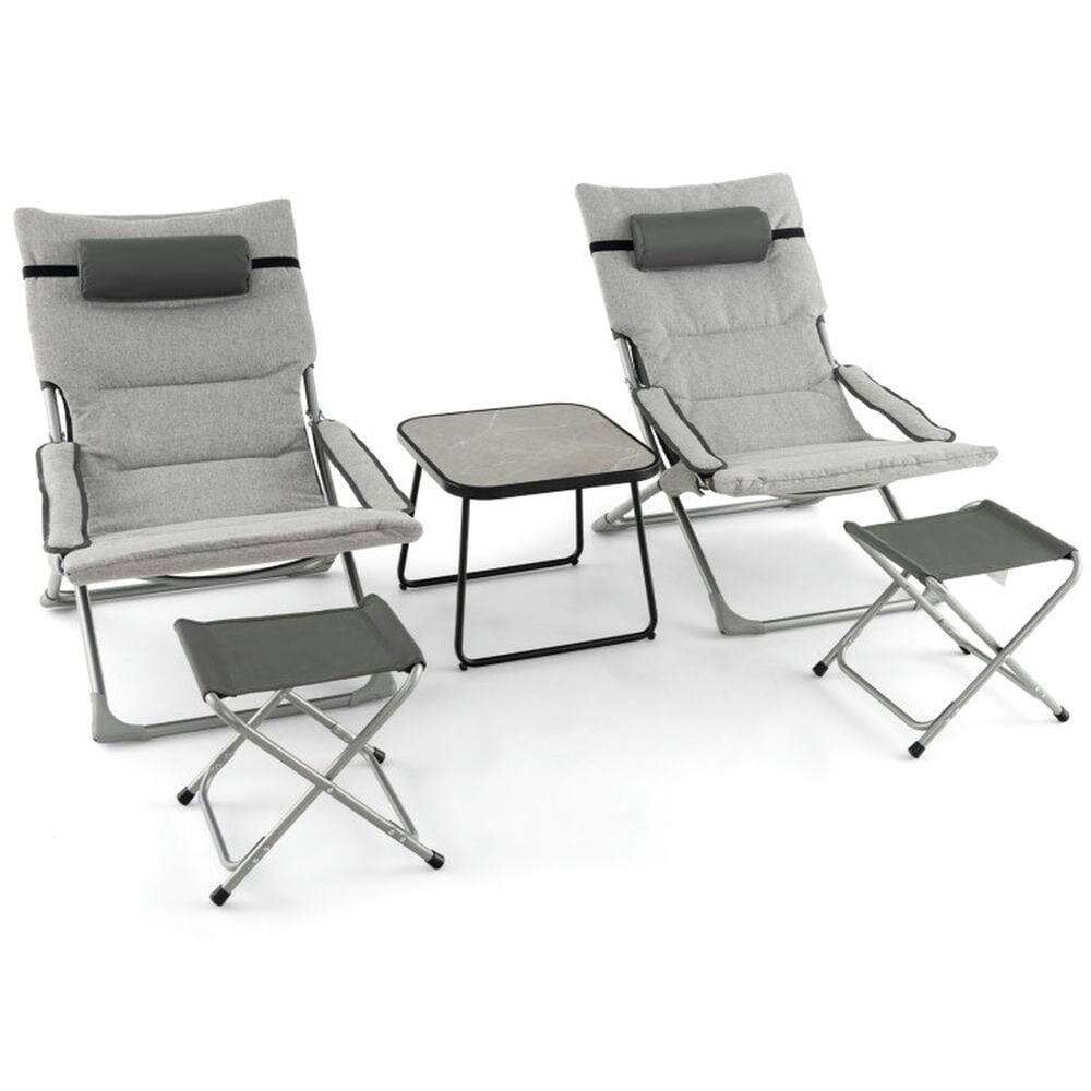 Angle. Pefilos - 5-Piece Patio Sling Chair Set with Comfortable Seat Cushions, Folding Lounge Chairs with Footrests and Coffee Table - Gray.