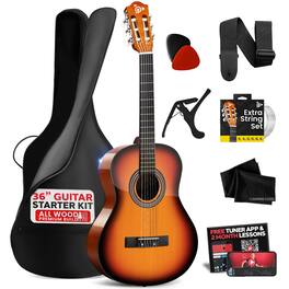 Pyle - Beginner Acoustic Guitar Kit, 3/4 Size All Wood Build, 36” Nylon String, Accessories - PGACLS82SUN - Sunburst Gloss