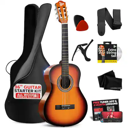 N Extra String Set E, A, D, G, B, E. G, E. 36" GUITAR STARTER KIT ALL WOOD PREMIUM BUILD CLEANING CLOTH TUNER APP & FREE LESSONS 2 MONTH