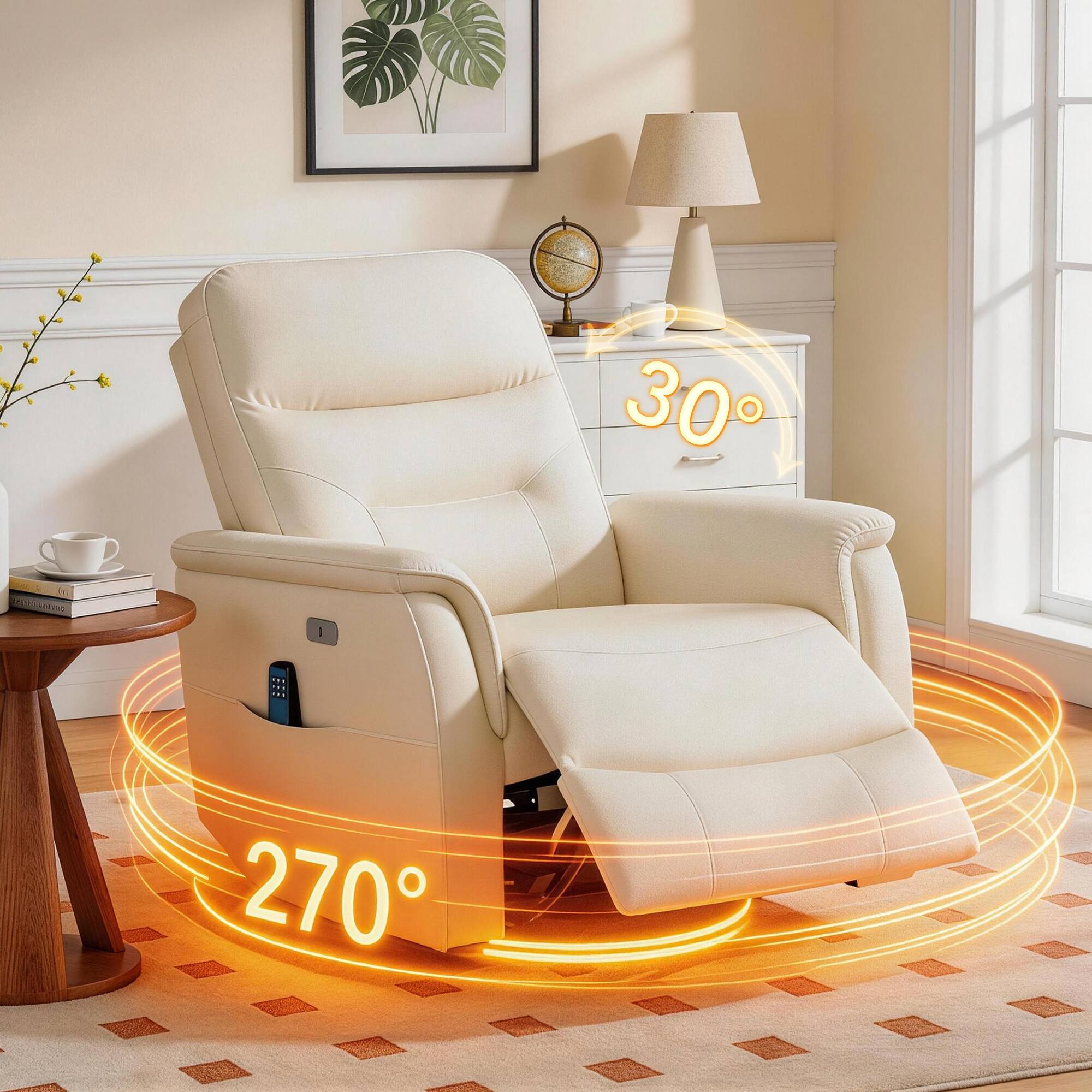 Front. KERDOM - Swivel Powered Recliner Armchair with Heat and Massage, USB Charge Port, Side Pockets, PU Leather Glider Rocking Chair - White.