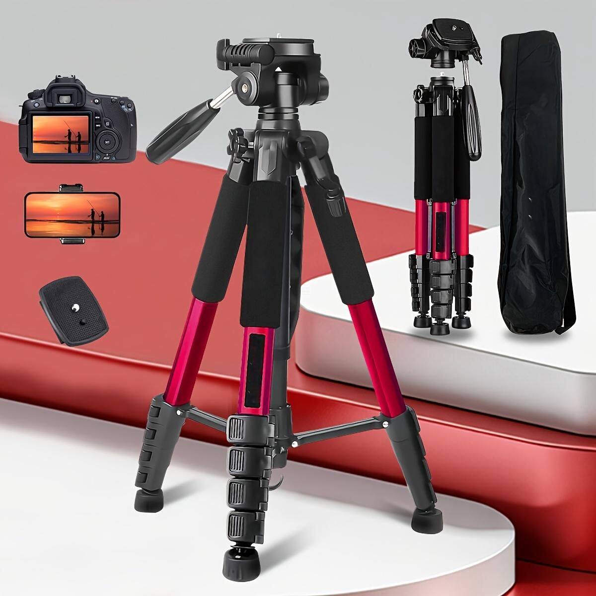 ZACHVO - 74" Aluminum Camera Tripod Stand with Quick Release Plates & Phone Adapter for DSLR, iPhone, Projector - Red