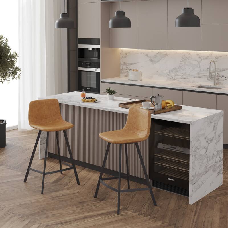 Left. LeisureMod - Elland Counter Stool, Modern Upholstered Leather Counter Height Barstool with Iron Legs and Footrest - Light Brown.