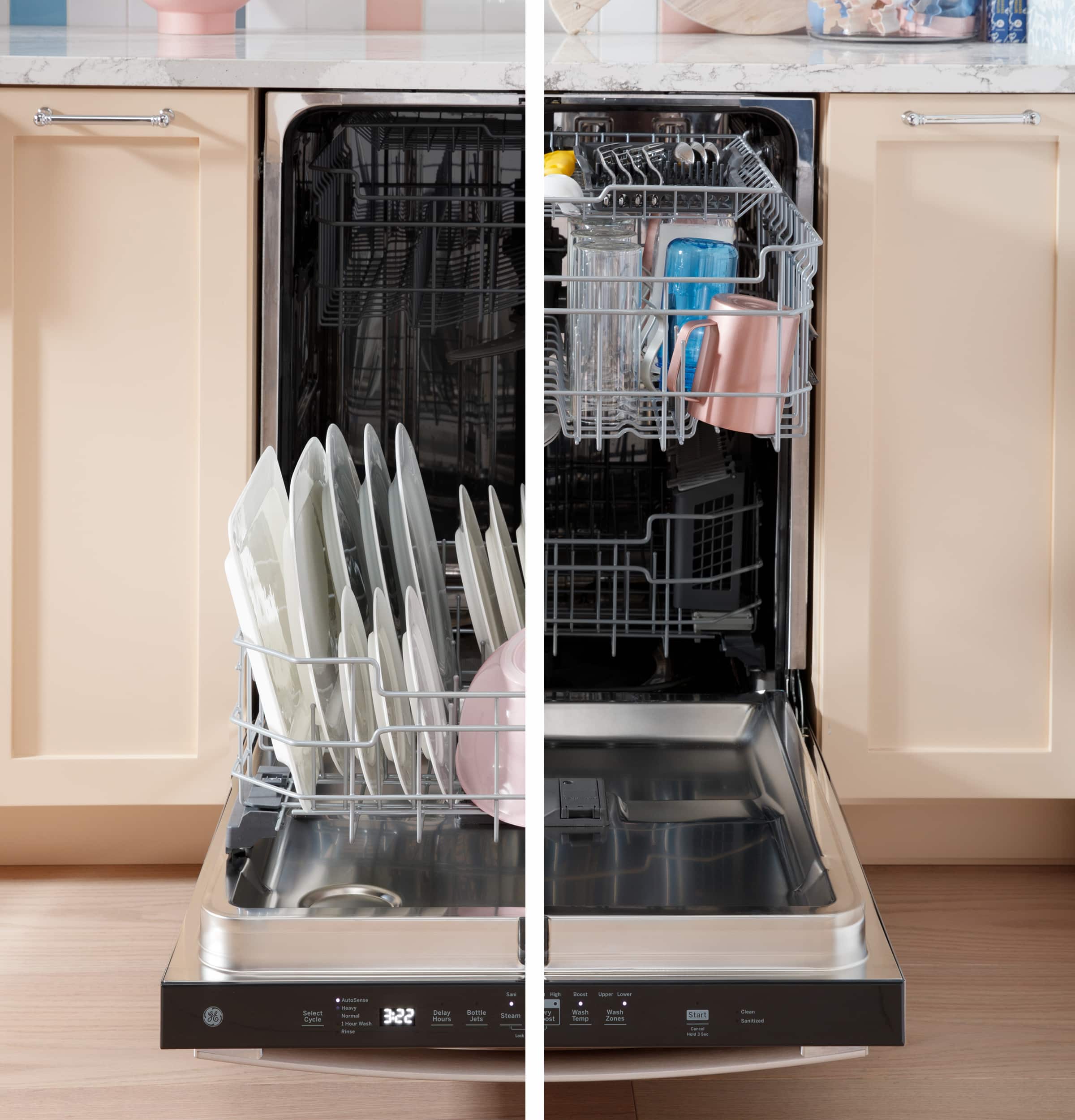 The image shows a dishwasher with its door open, revealing various dishes, including cups and spoons, inside. The dishwasher is filled with dishes, and it appears to be in the process of being loaded or unloaded. The dishes are arranged in a way that they are easily accessible and can be placed in the dishwasher or taken out for washing. The image also shows a sink in the background, suggesting that the dishwasher is part of a kitchen setup.