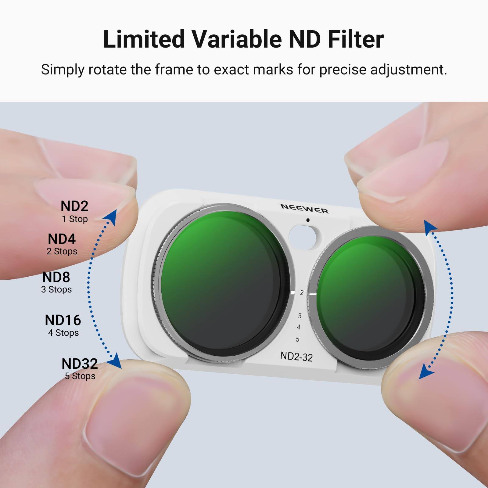 Limited Variable ND Filter  
Simply rotate the frame to exact marks for precise adjustment.  

ND2 1 Stop  
ND4 2 Stops  
ND8 3 Stops  
ND16 4 Stops  
ND32 5 Stops  

NEEWER  
ND2-32