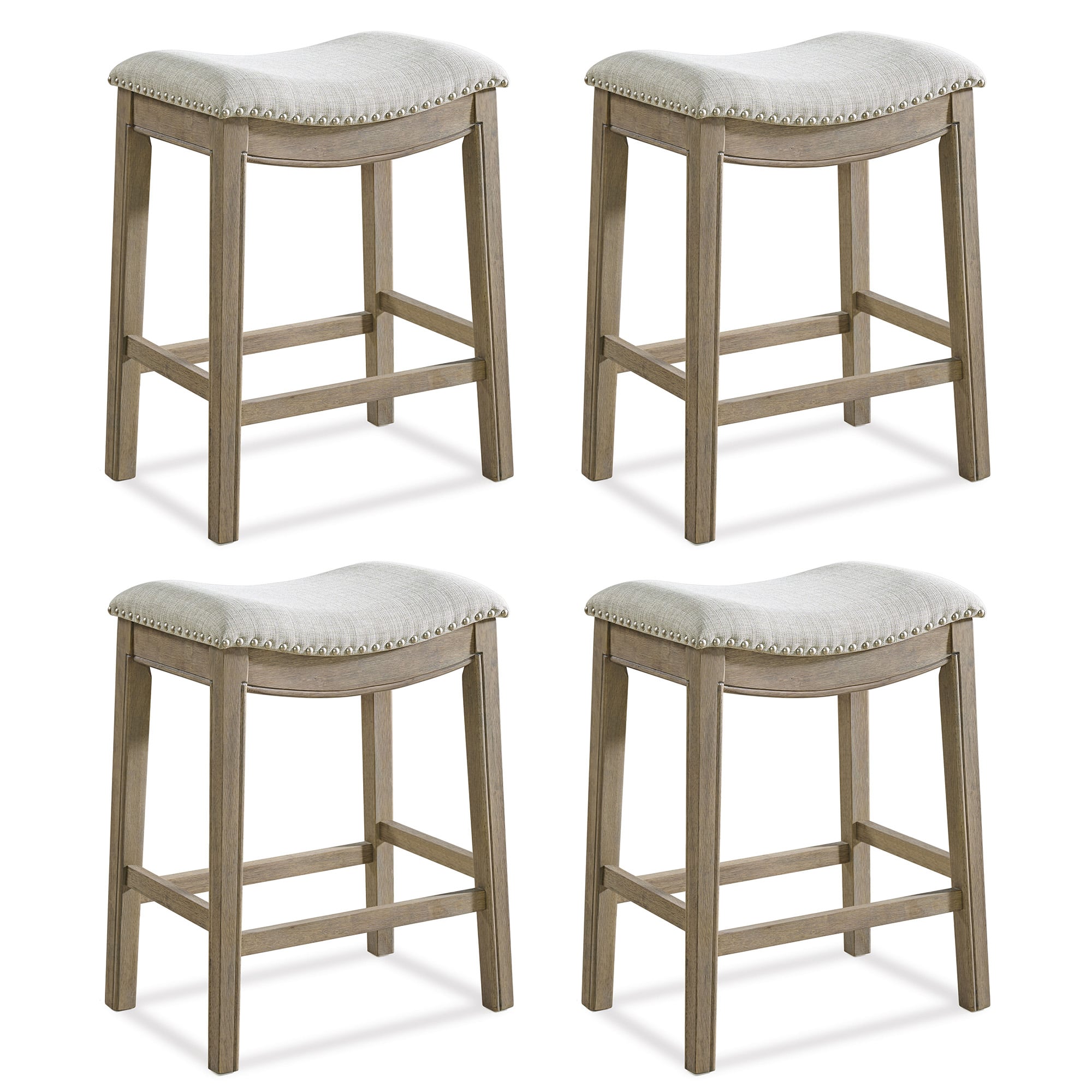 ROME + OAK - Parker Backless Kitchen Counter Stool, Oak, Grey Upholstery, Set of 4 - Reclaimed Oak/Grey - With Nailheads