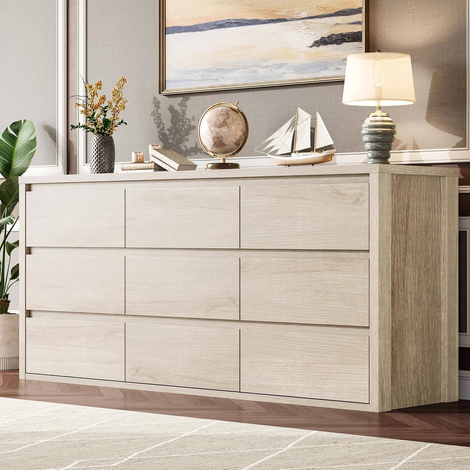 Front. Homhougo - 9 Drawer Dresser for Bedroom, Wide Modern Chest of Drawers, Large Wood Dresser Wooden Storage Organizer for Living - Oak.