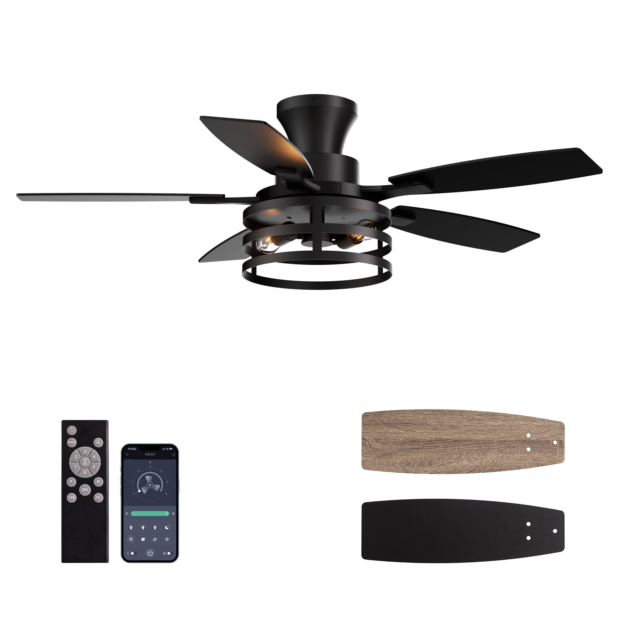 Siljoy - 42 Inch Black Farmhouse Matte Ceiling Fan with Lights Flush Mount 5 Blades Low Profile for Bedroom Living Room Patio - Matte Black